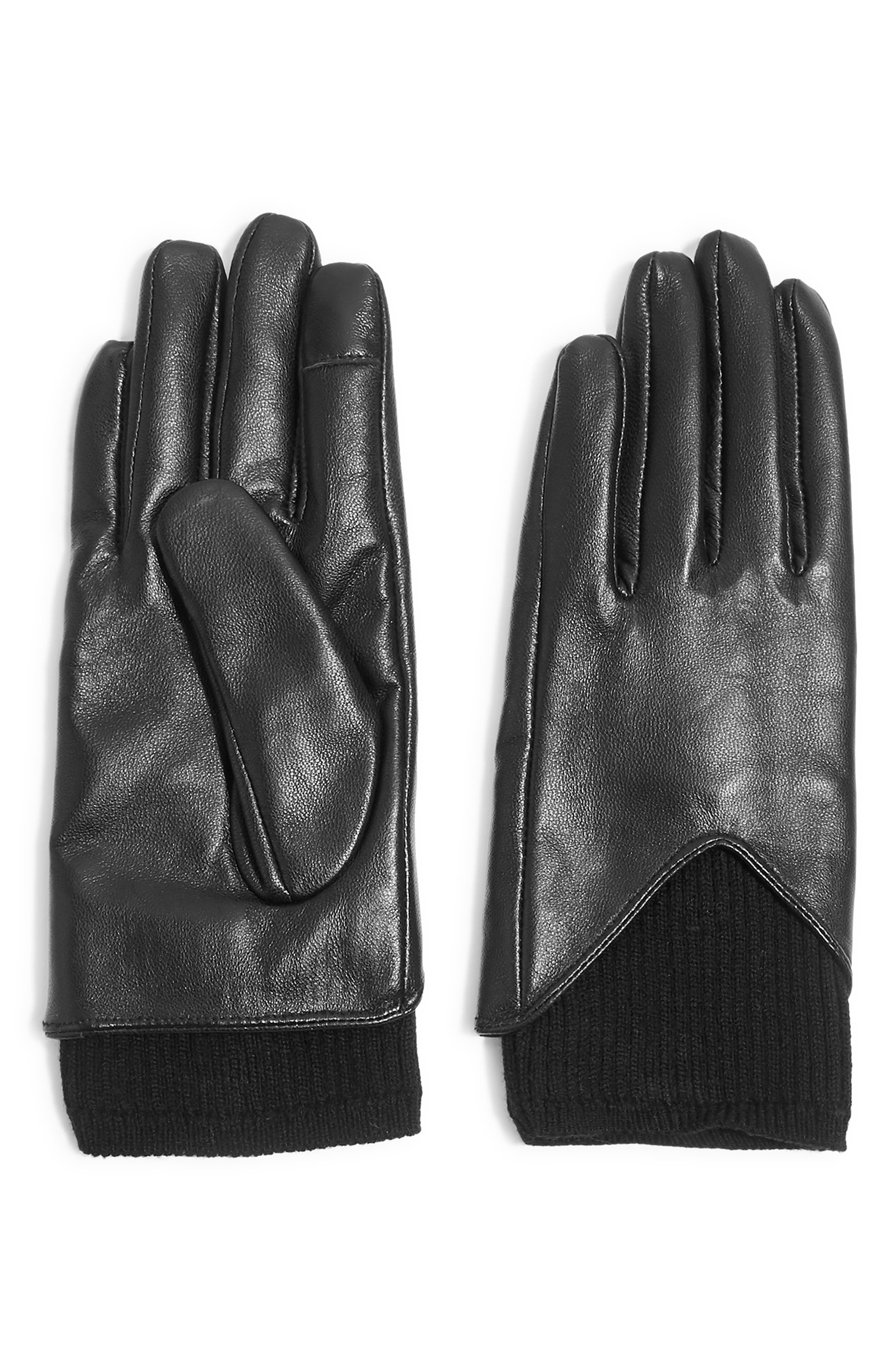 Topshop Rib Knit & Leather Touchscreen Gloves, Black
