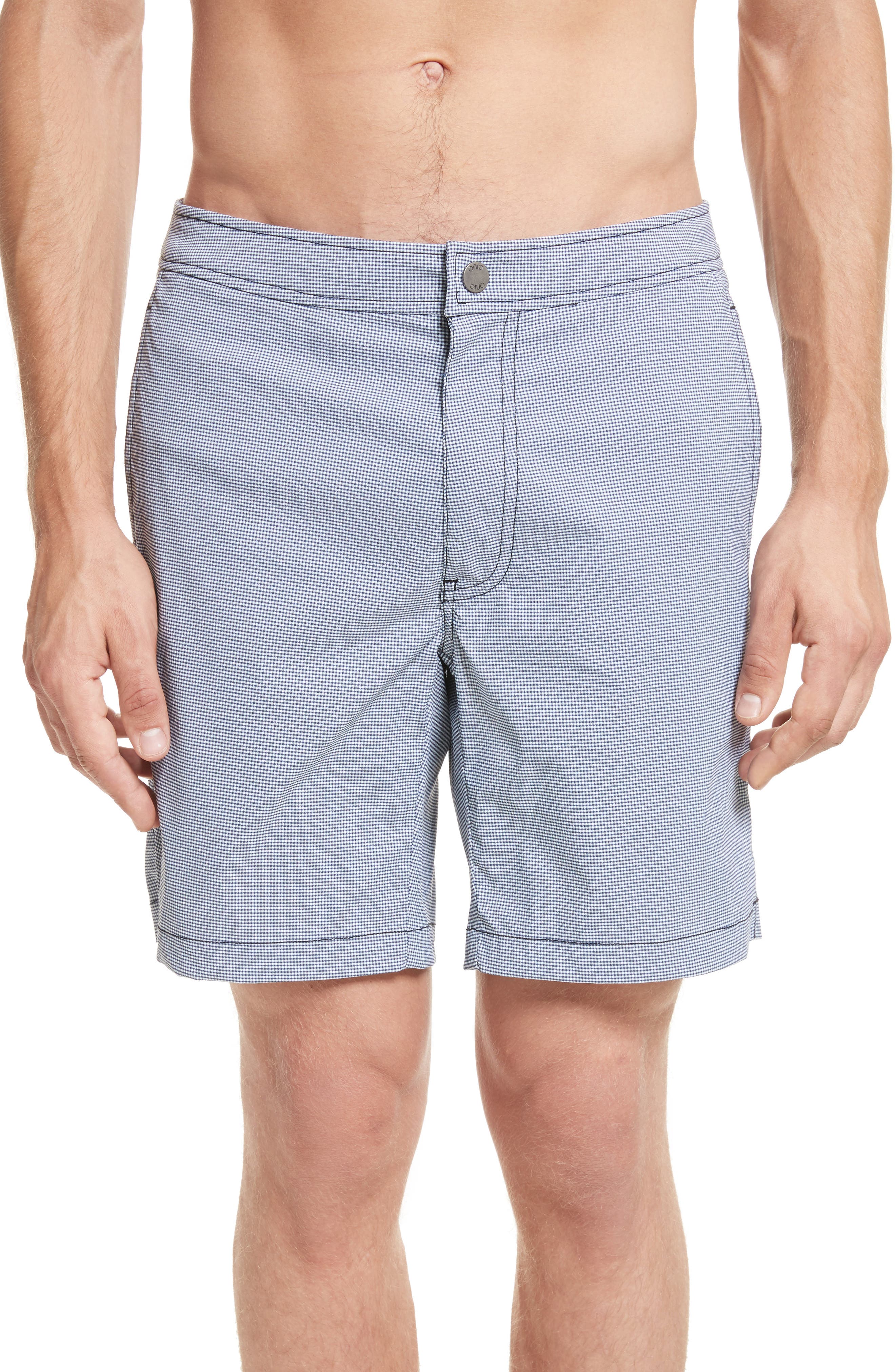 Onia Calder Gingham Board Shorts, Blue
