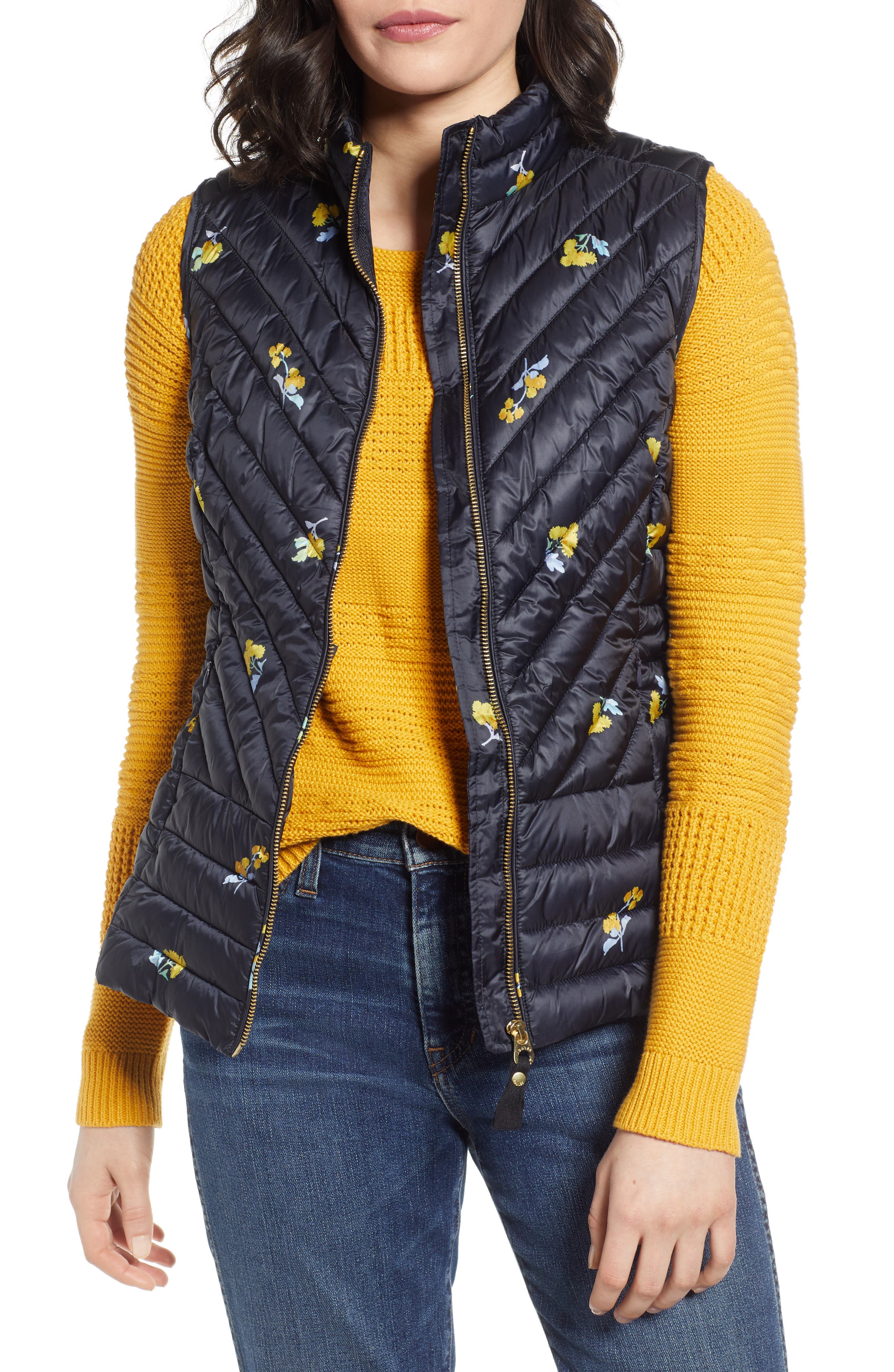 Joules Brindley Floral Quilted Vest, Black