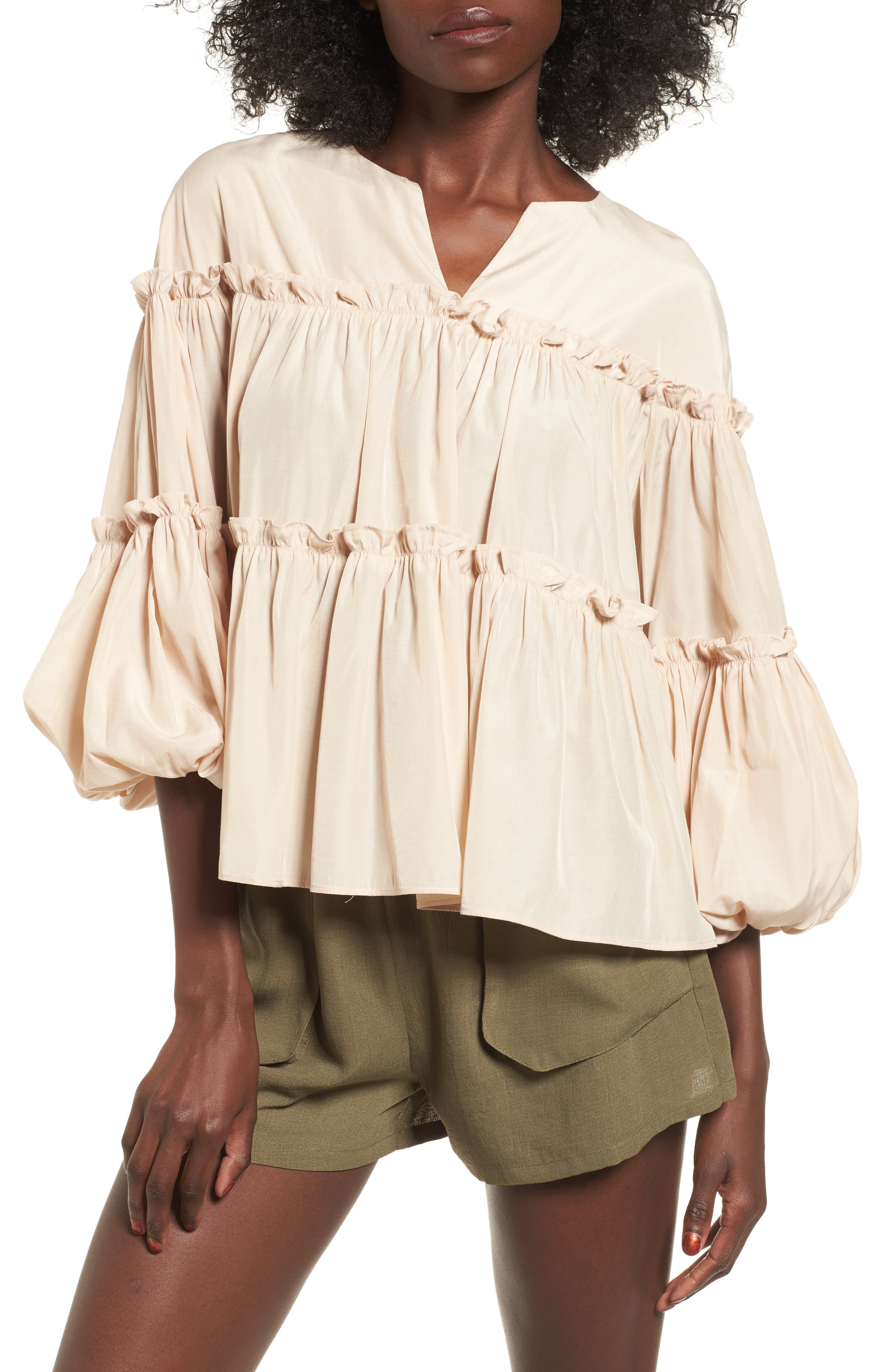 MOON RIVER Ruffled Balloon Sleeve Babydoll Top | Nordstrom