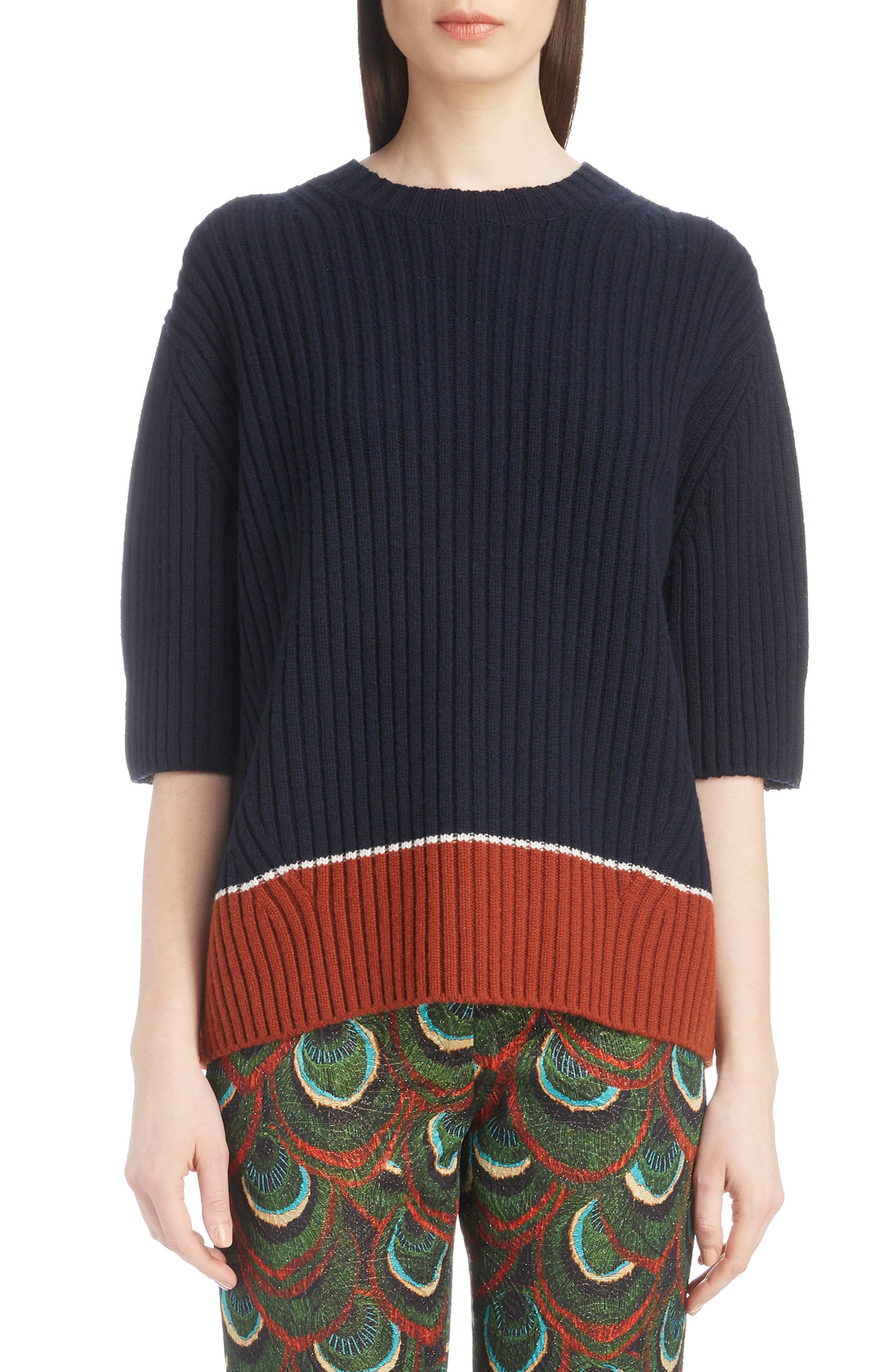 Dries Van Noten Contrast Hem Merino Wool & Cashmere Sweater, Blue