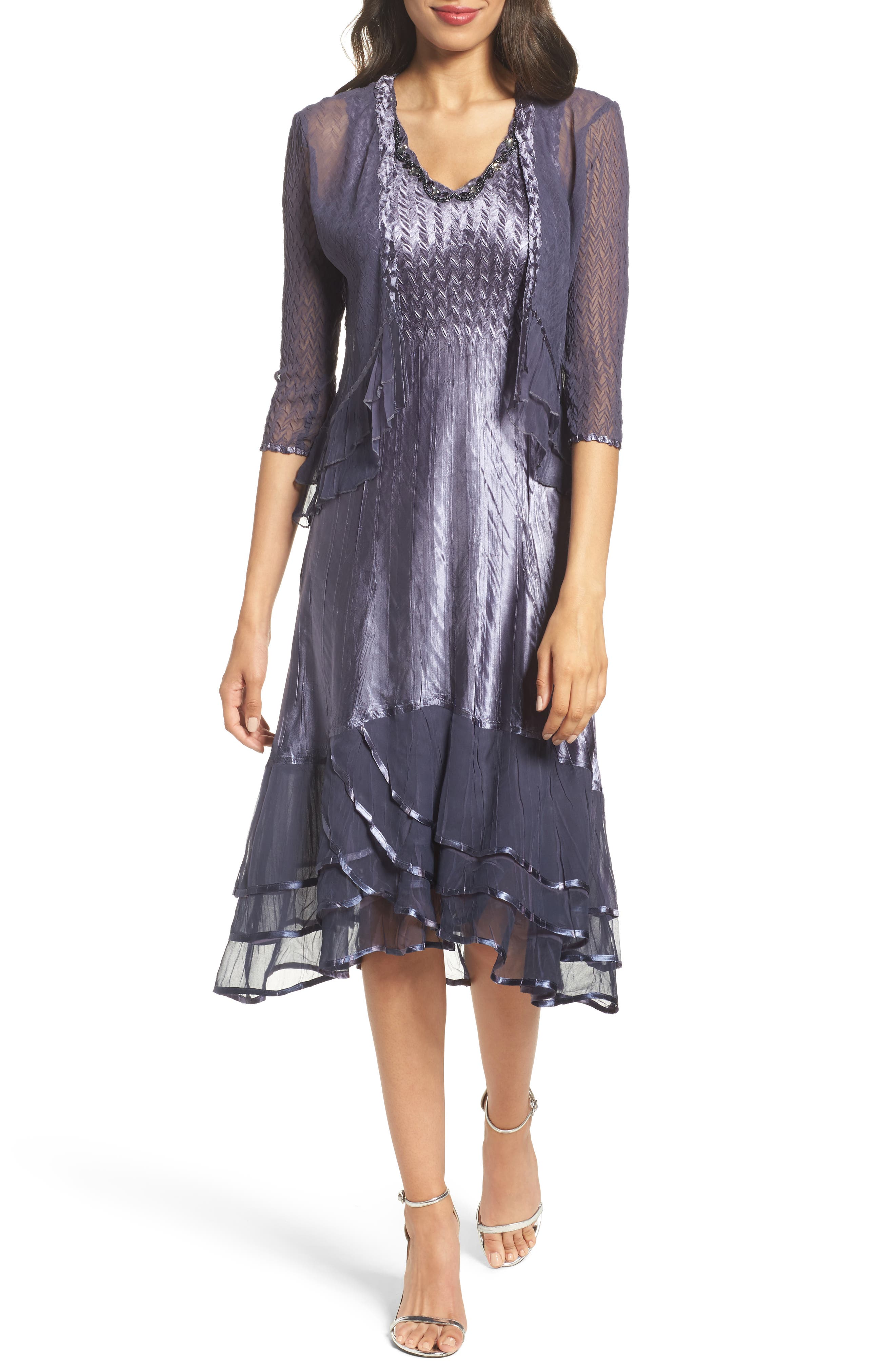 Petite Komarov Embellished Charmeuse Dress & Chiffon Jacket, Blue