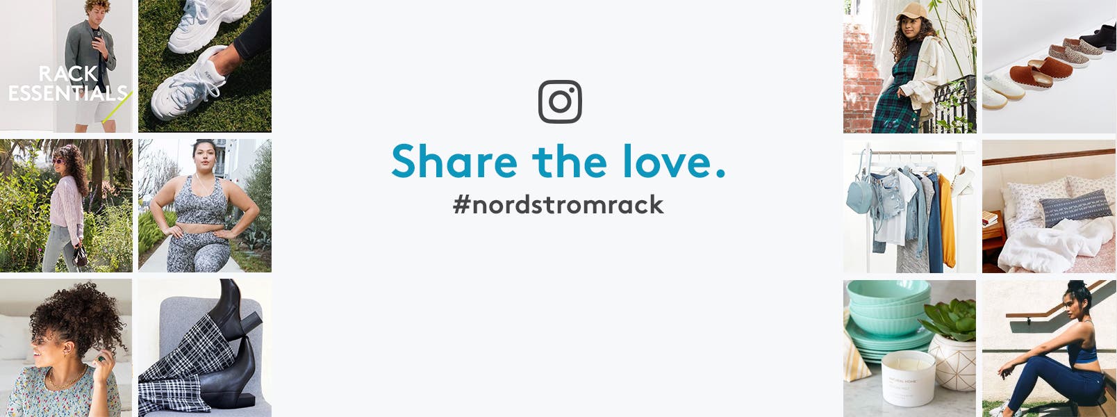 Share the love on Instagram. #nordstromrack. Images of IG logo, colorful handbags, sunglasses, flip flops, sun hat, sunscreen, women in sundress and activewear, tennis shoes, sandals, Nordstrom-Anniversary-Sale-is-coming banner, summer wardrobe, pastel dishes, candle and plant holder.
