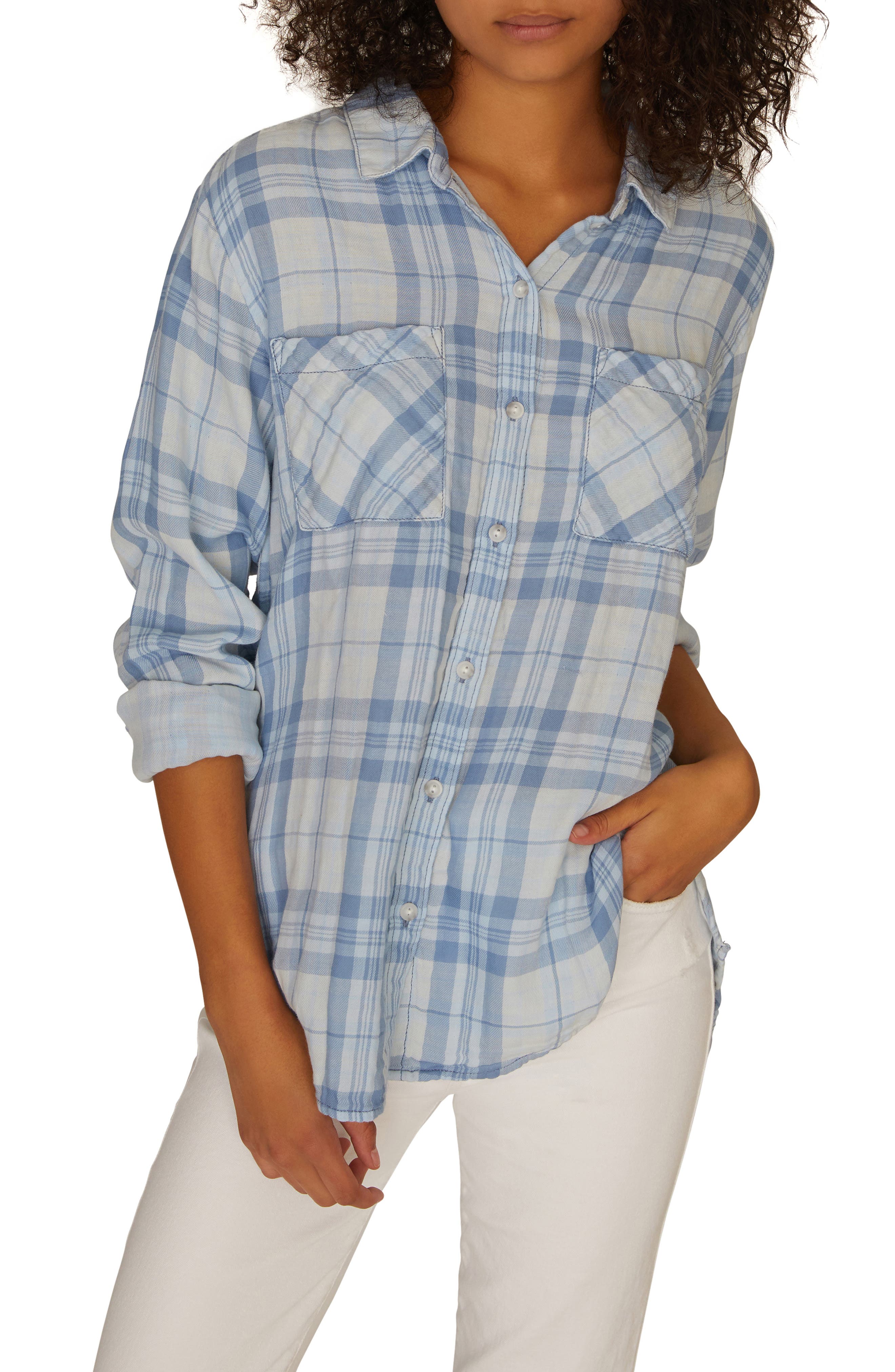 Sanctuary Plaid Boyfriend Shirt, Blue