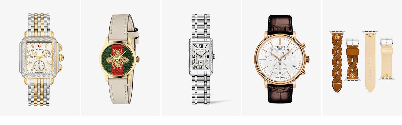 An assortment of women's watches and watch bands.