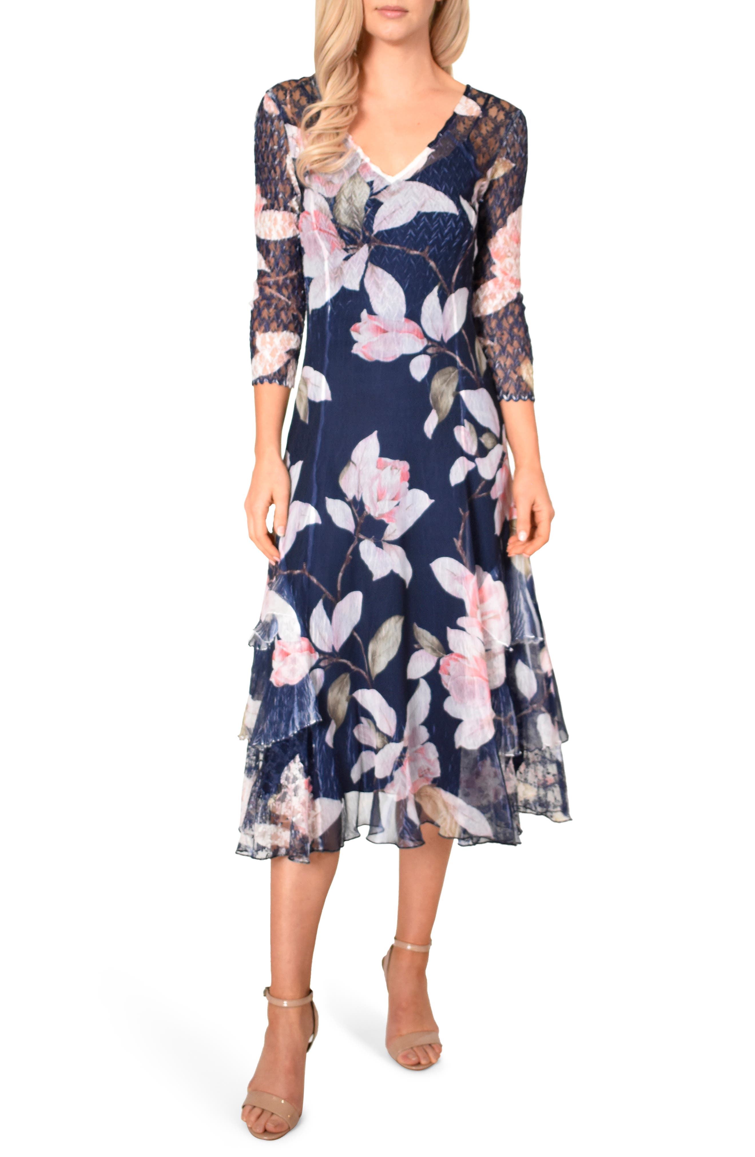Komarov Floral Print Tiered Ruffle Chiffon Dress, Blue