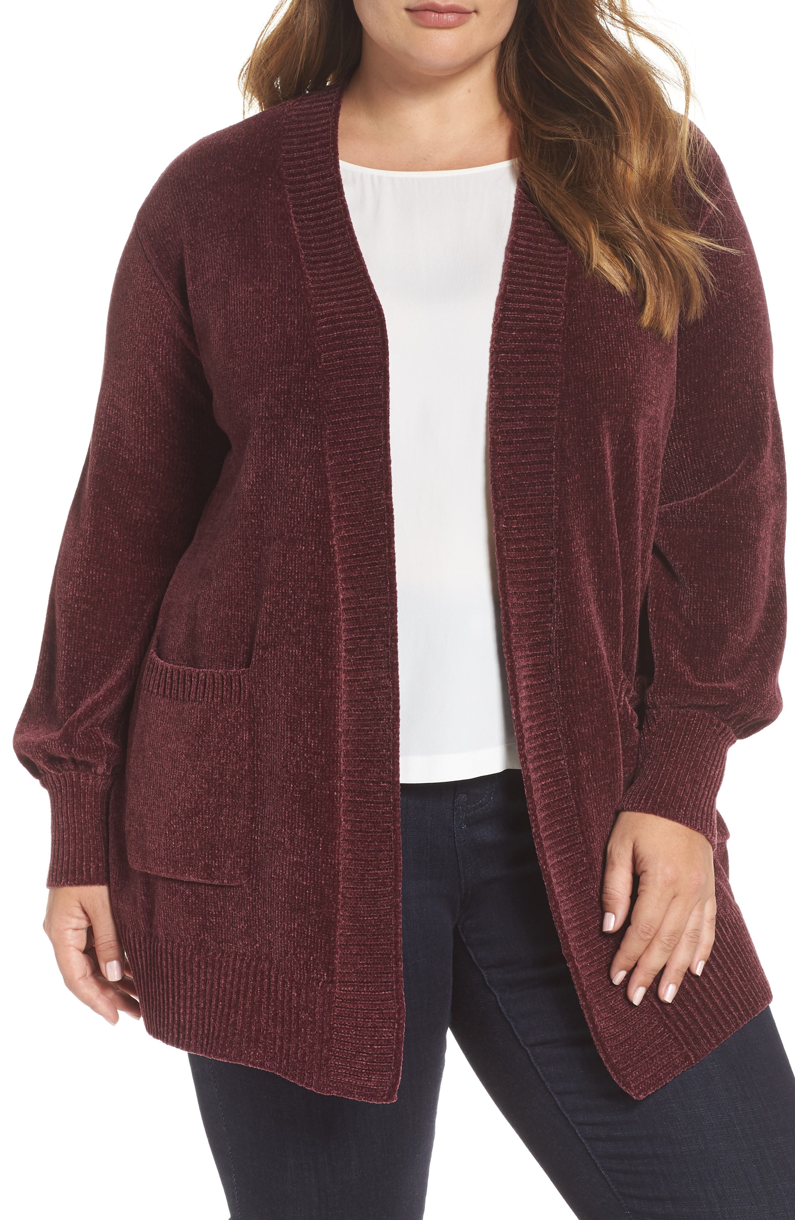 Plus Size Sejour Blouson Sleeve Cardigan, Burgundy