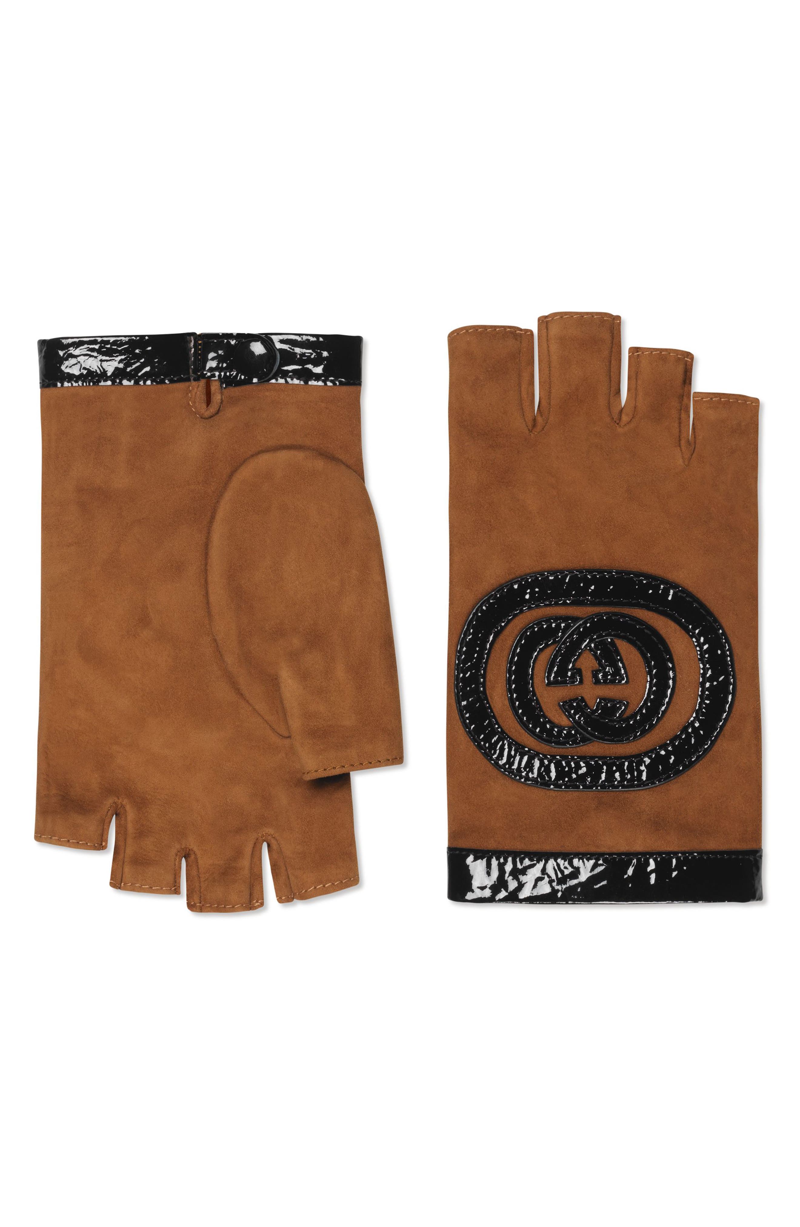 Gucci Logo Suede Fingerless Gloves, Black