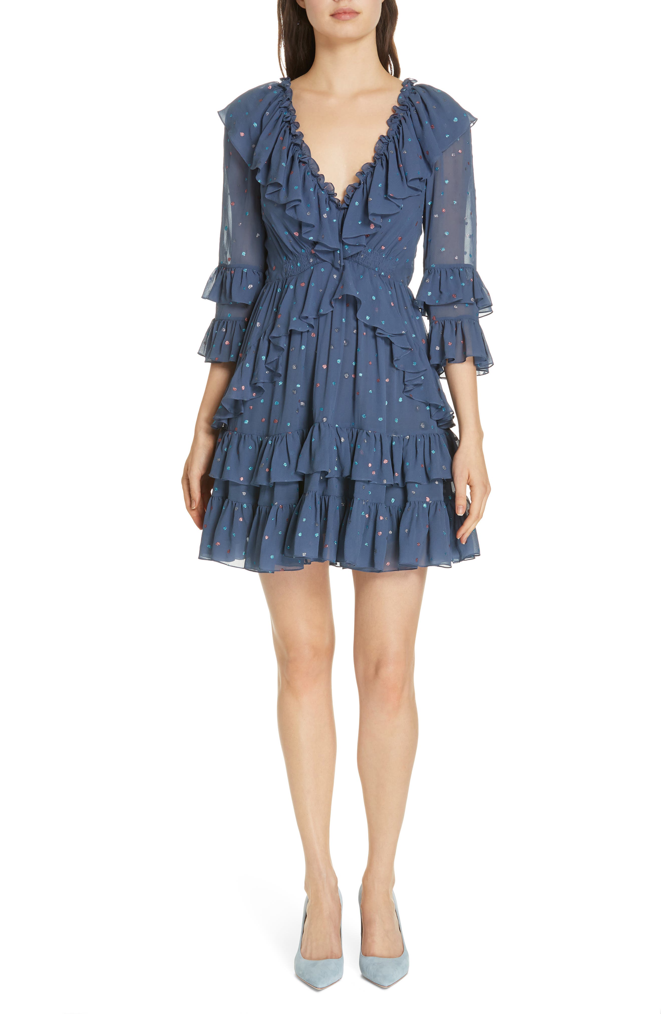 Rebecca Taylor Glitter Jewel Ruffle Silk Dress, Blue