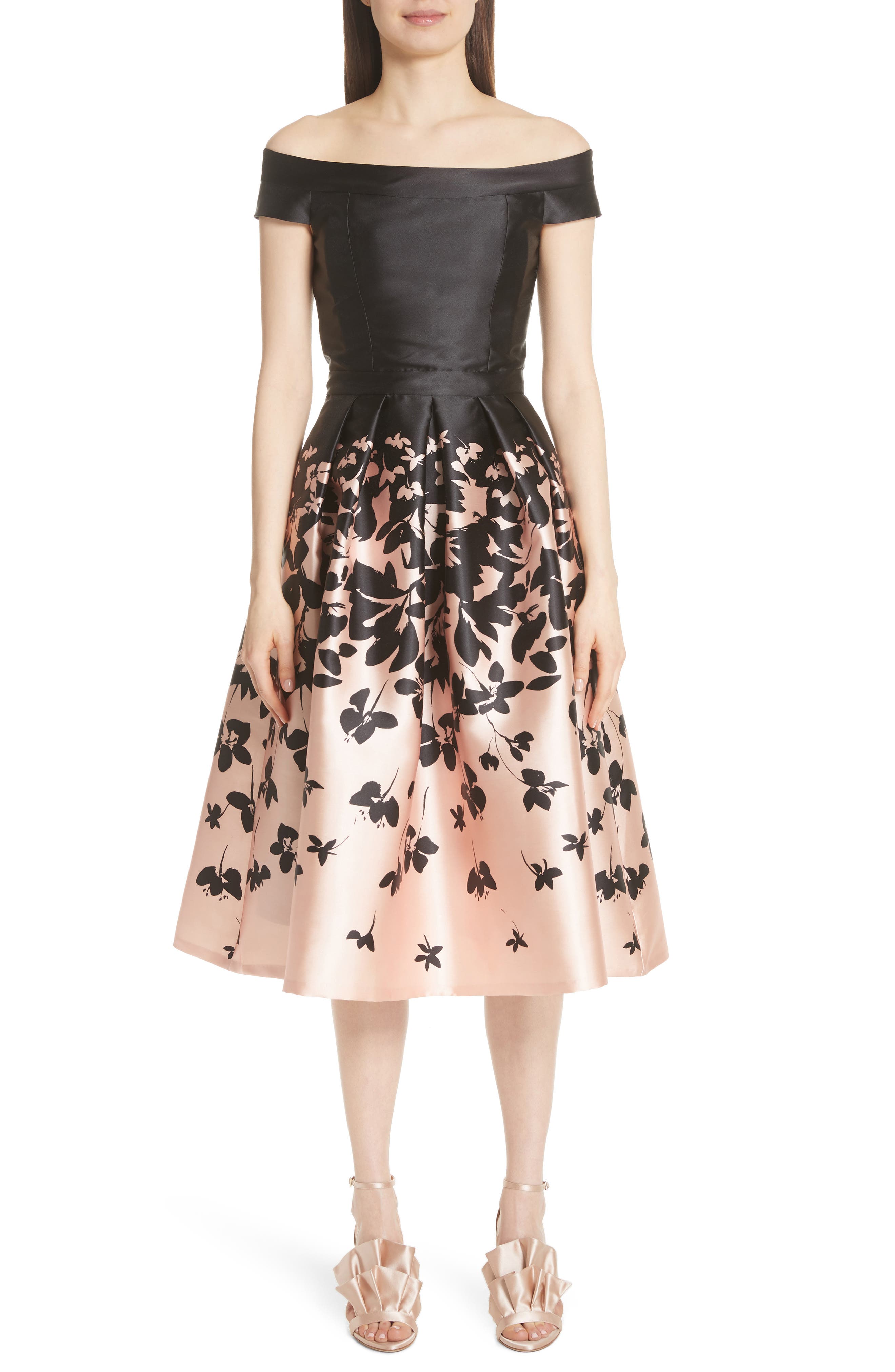 Carmen Marc Valvo Off The Shoulder Midi Dress, Black
