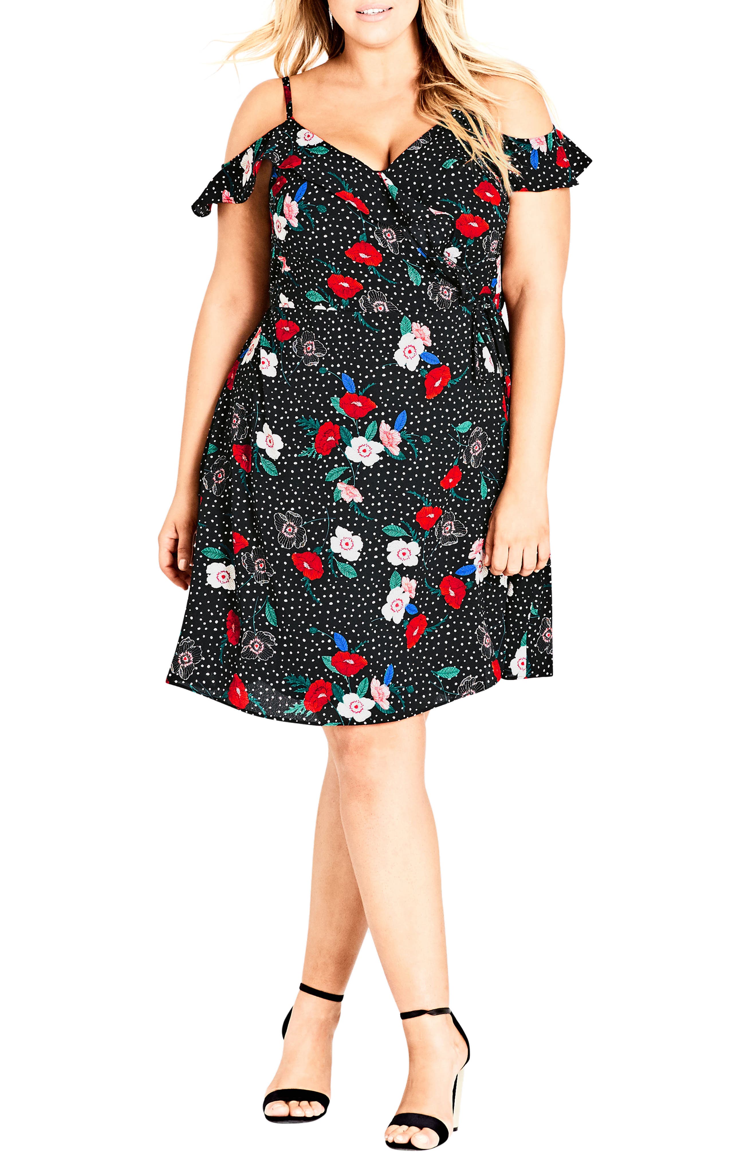 Plus Size City Chic Floral Spot Cold Shoulder Wrap Dress, Black