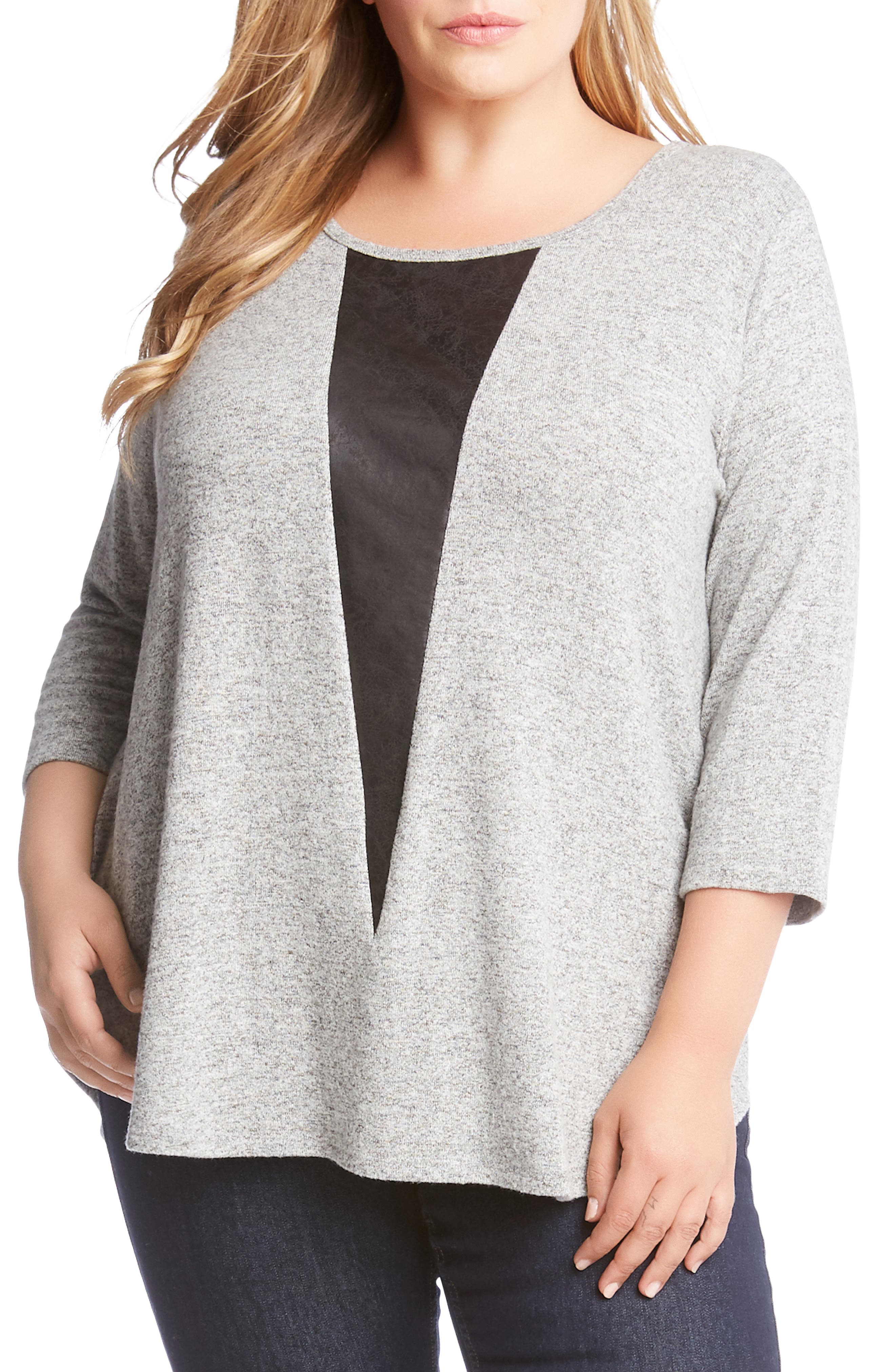 Plus Size Karen Kane Faux Leather Inset Sweater, Grey