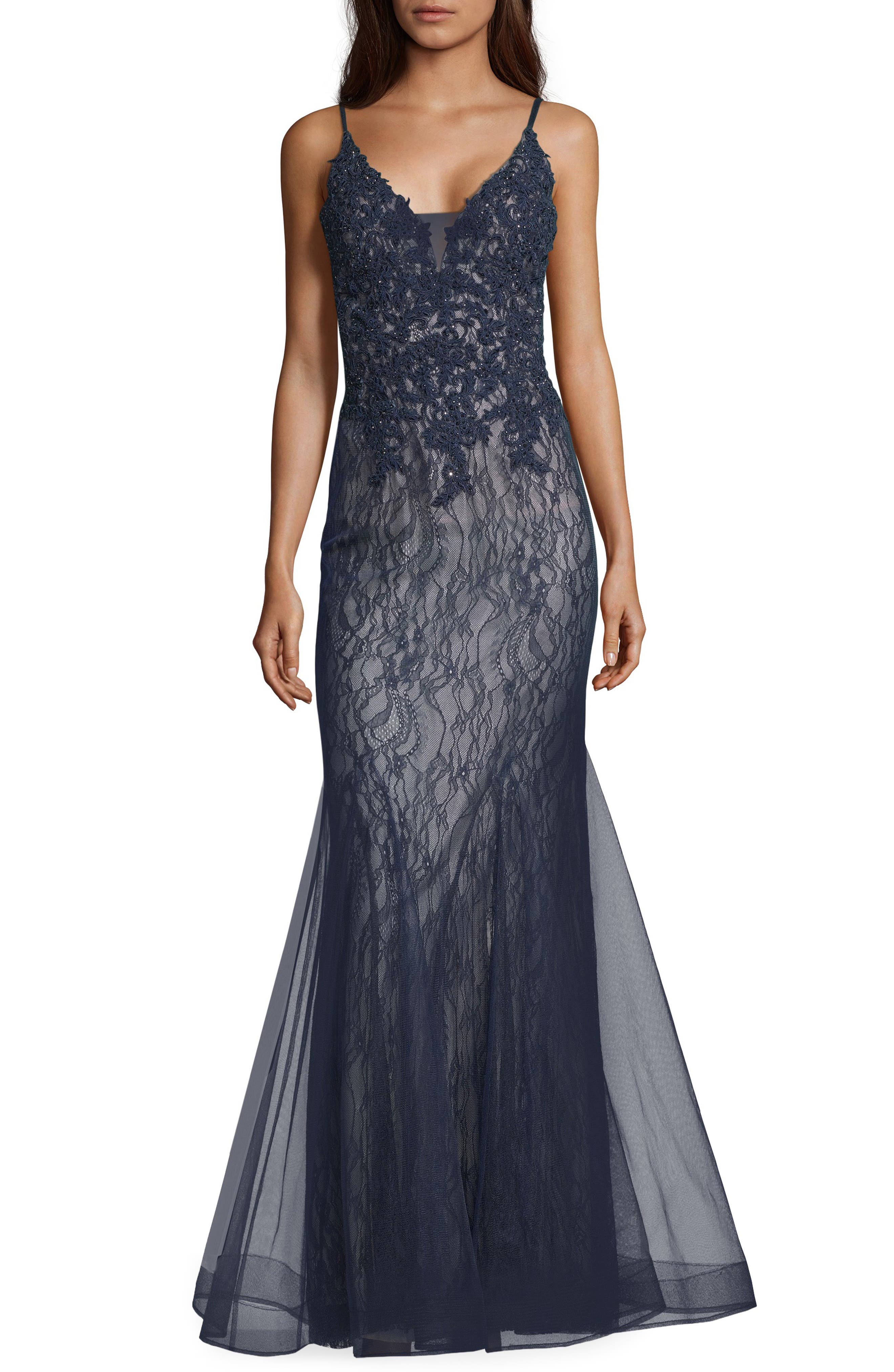 Xscape Sparkling Lace Mermaid Evening Dress, Blue