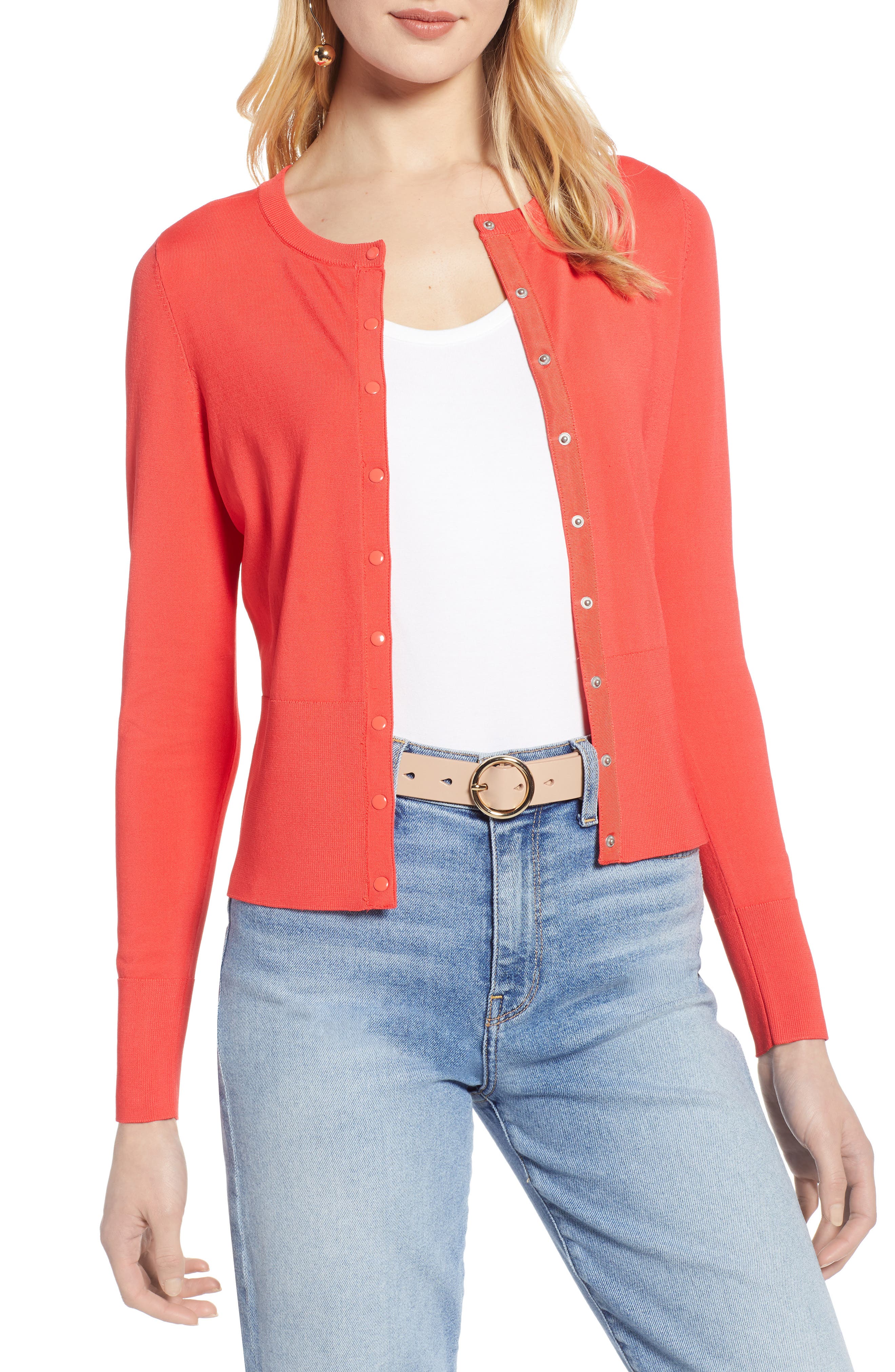 Petite Halogen Snap Front Cardigan, Red