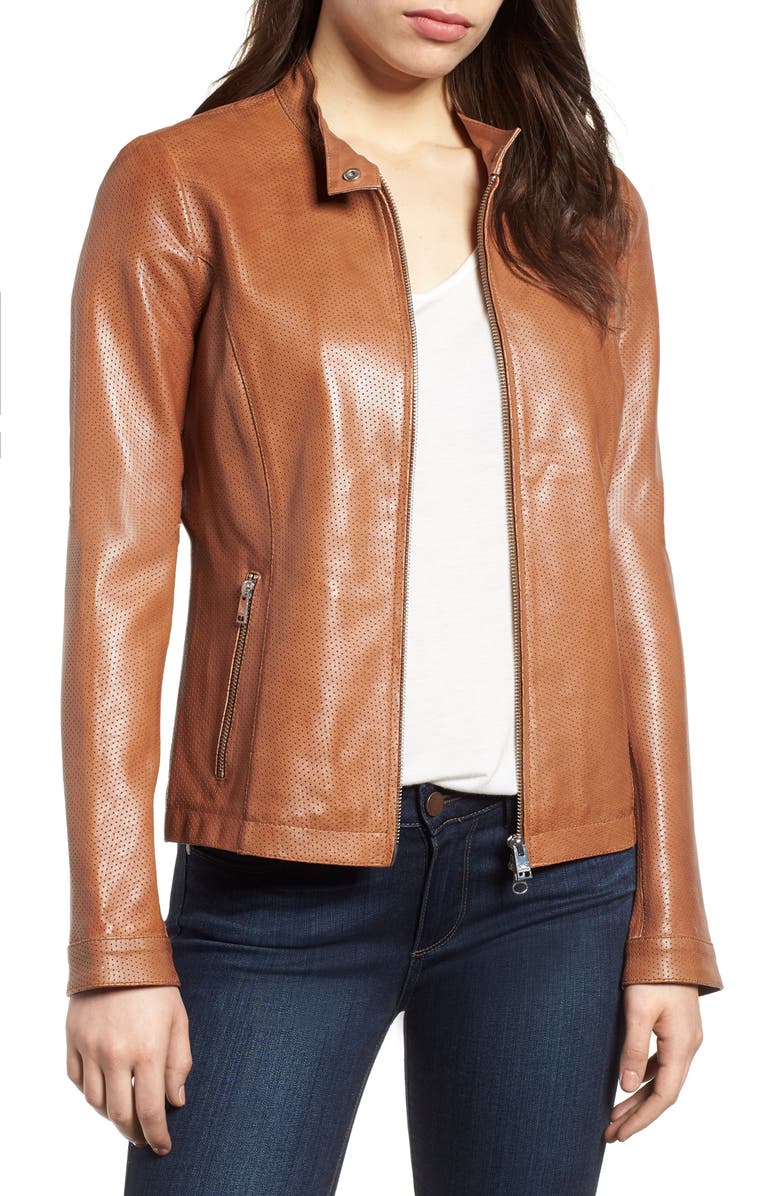 Perforated Leather Biker Jacket,
                        Main,
                        color, TAN