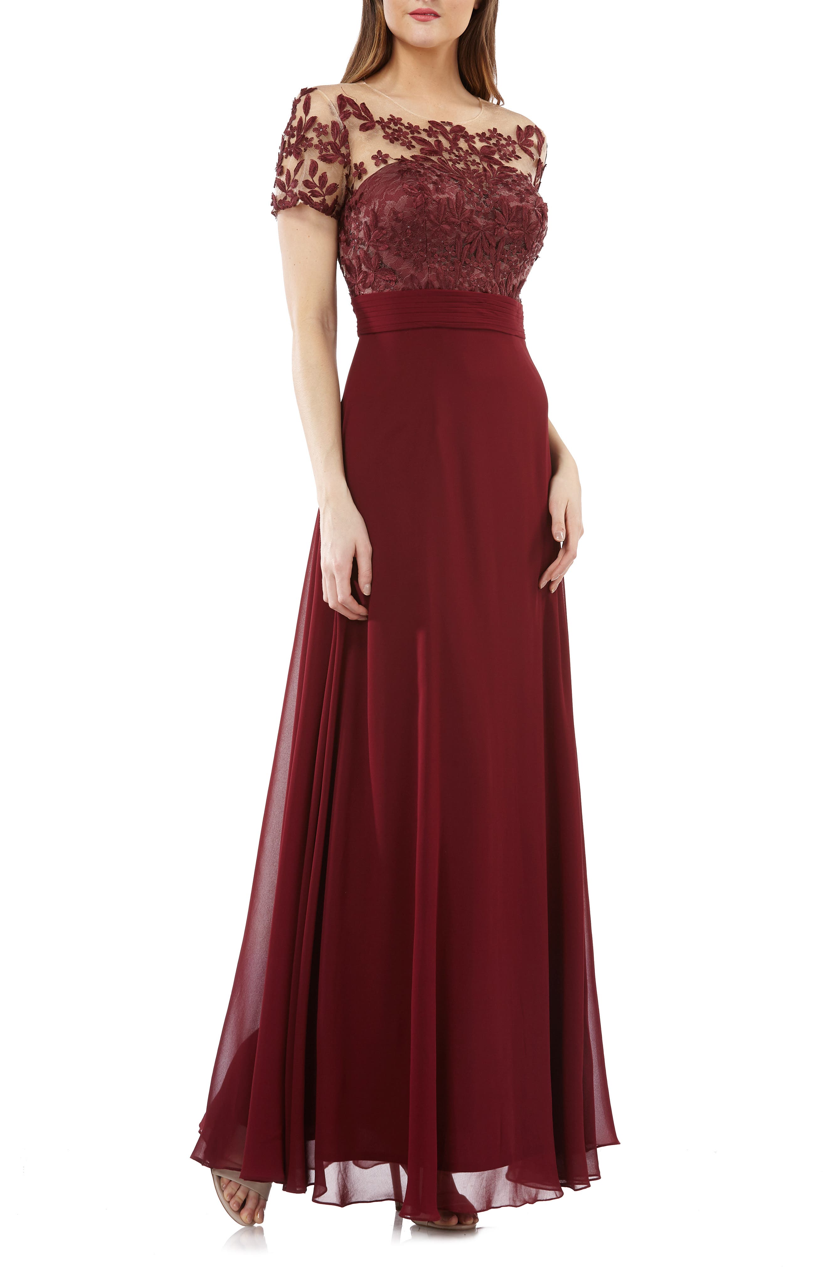 Js Collections Embroidered Illusion Bodice Gown, Burgundy