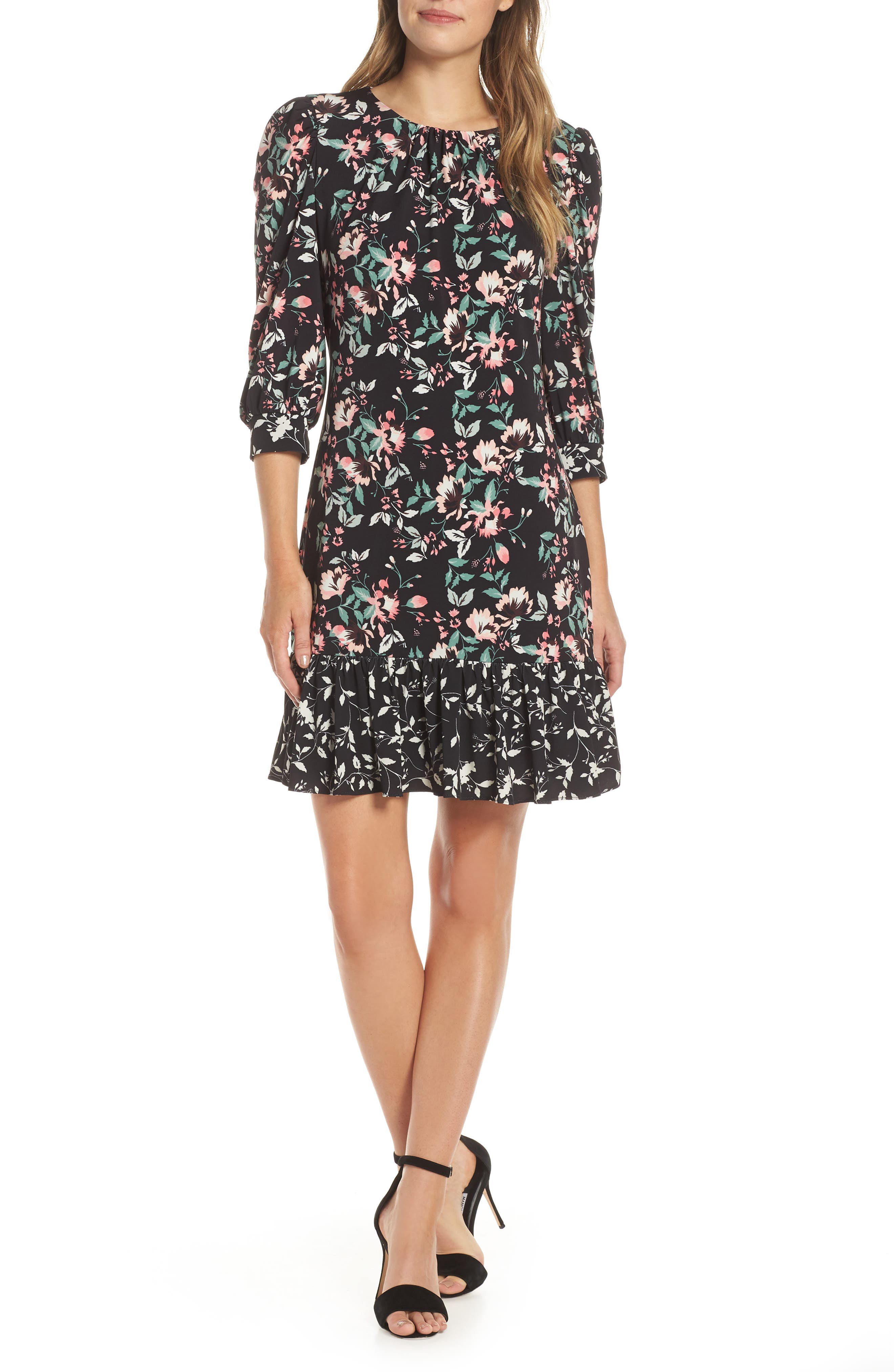 Eliza J Contrast Trim Floral Shift Dress, Black