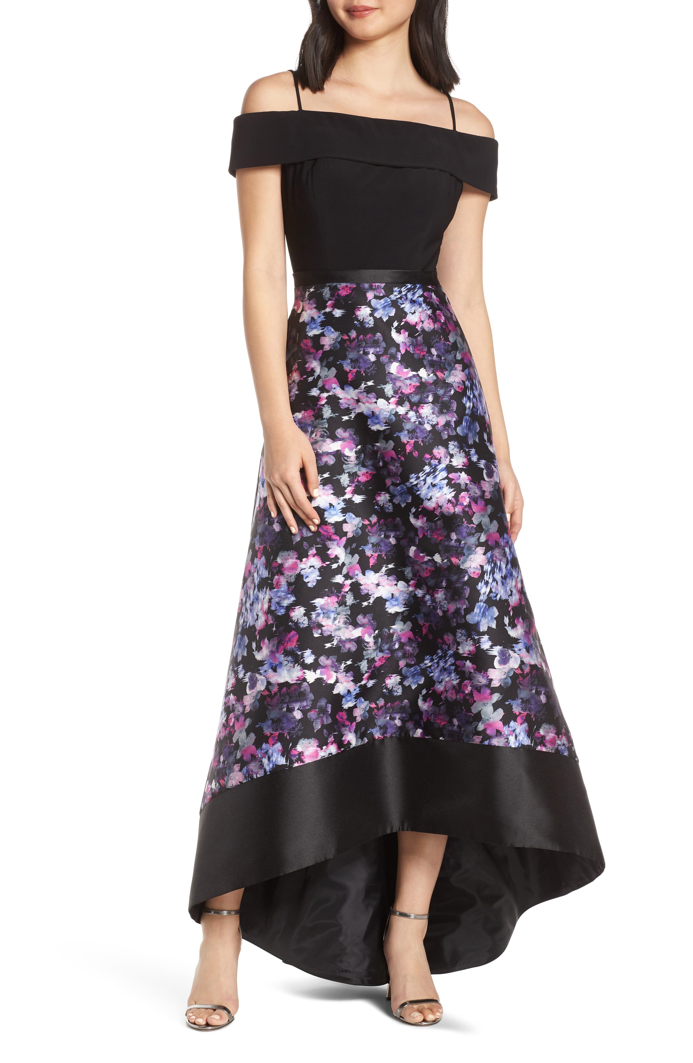 Morgan And Co. Cold Shoulder Mikado High/low Hem Evening Dress, Black