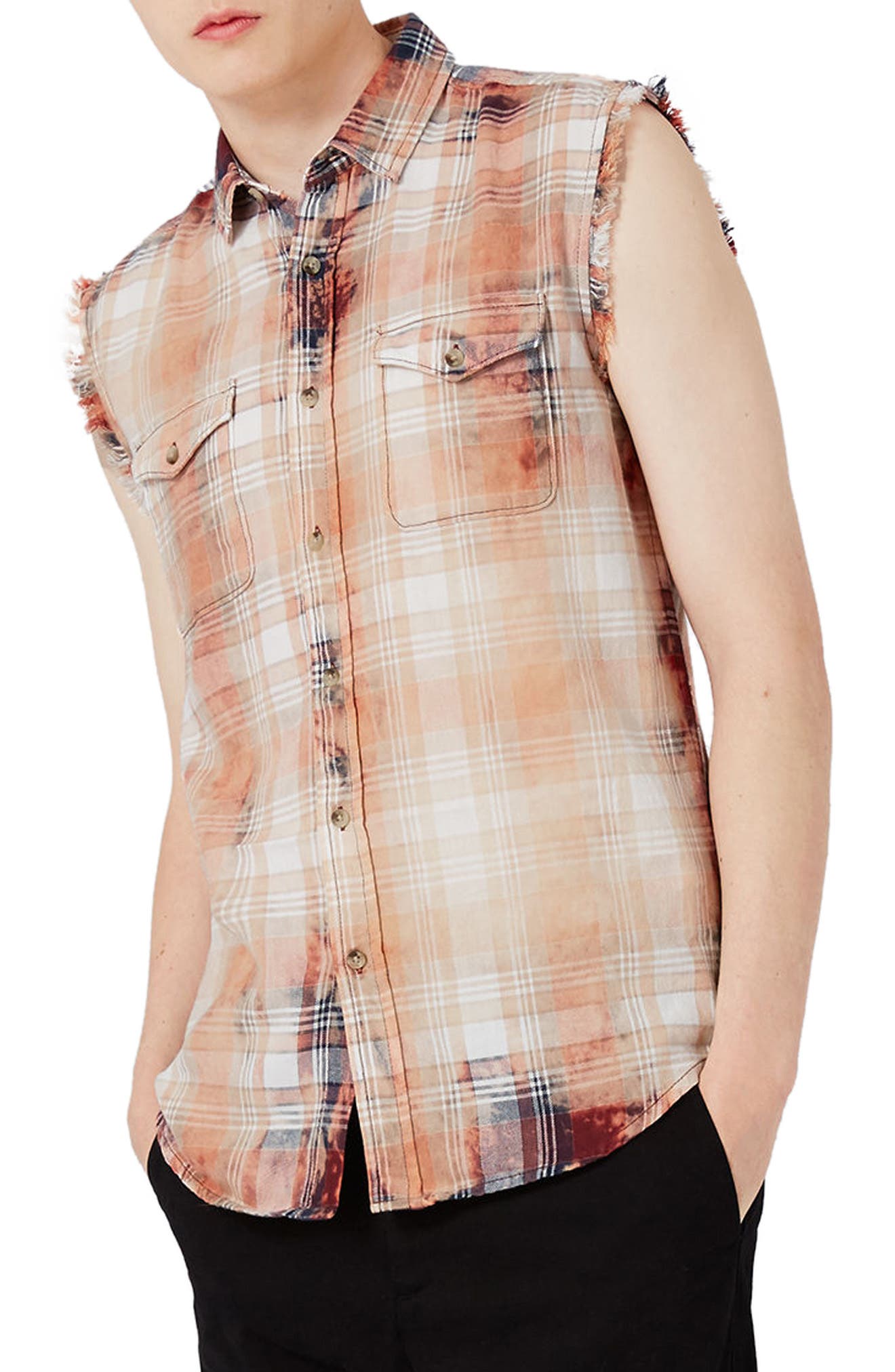 Topman Sleeveless Bleach Plaid Shirt Nordstrom