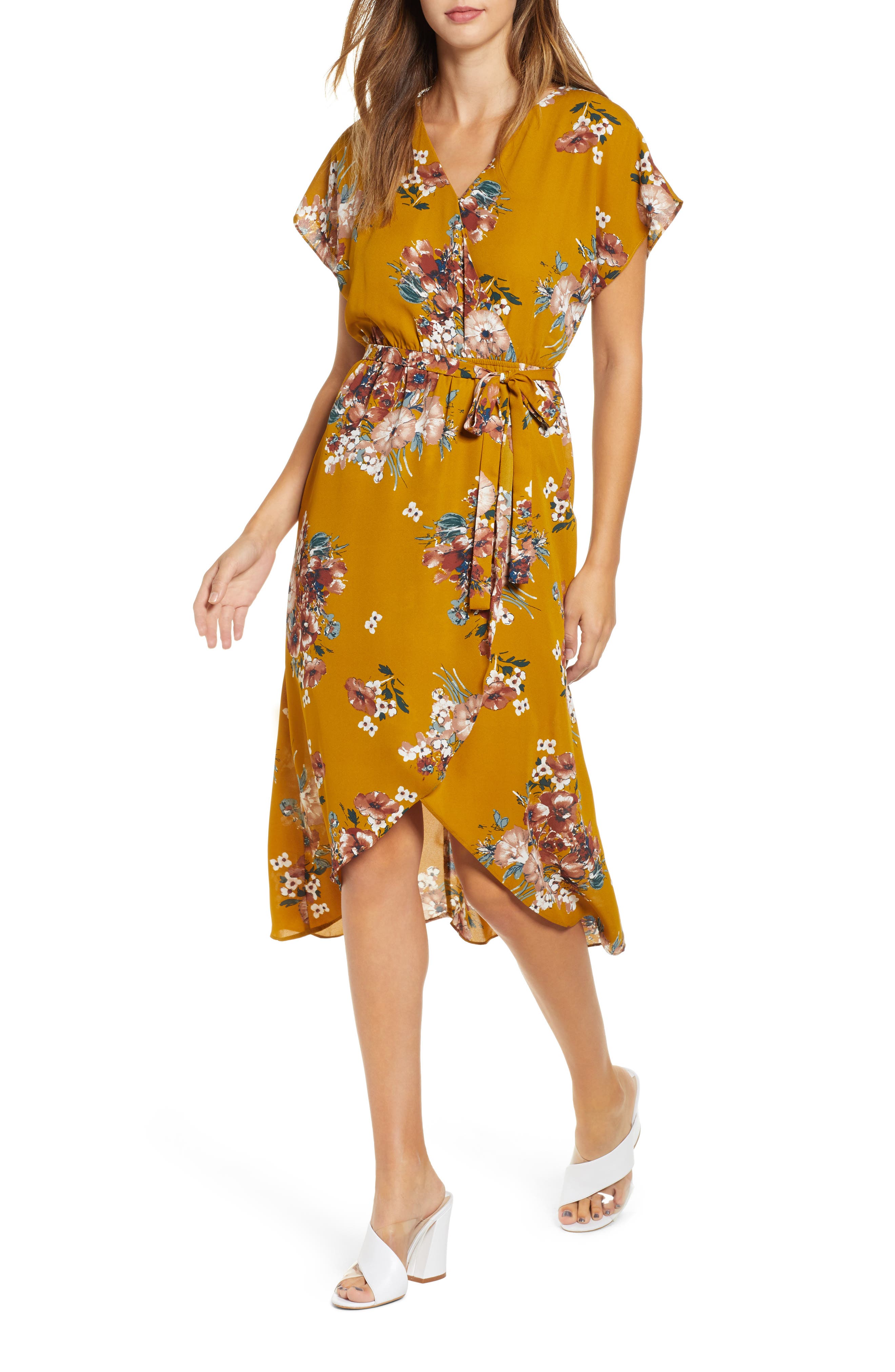 Leith Kimono Sleeve Floral Dress, Yellow