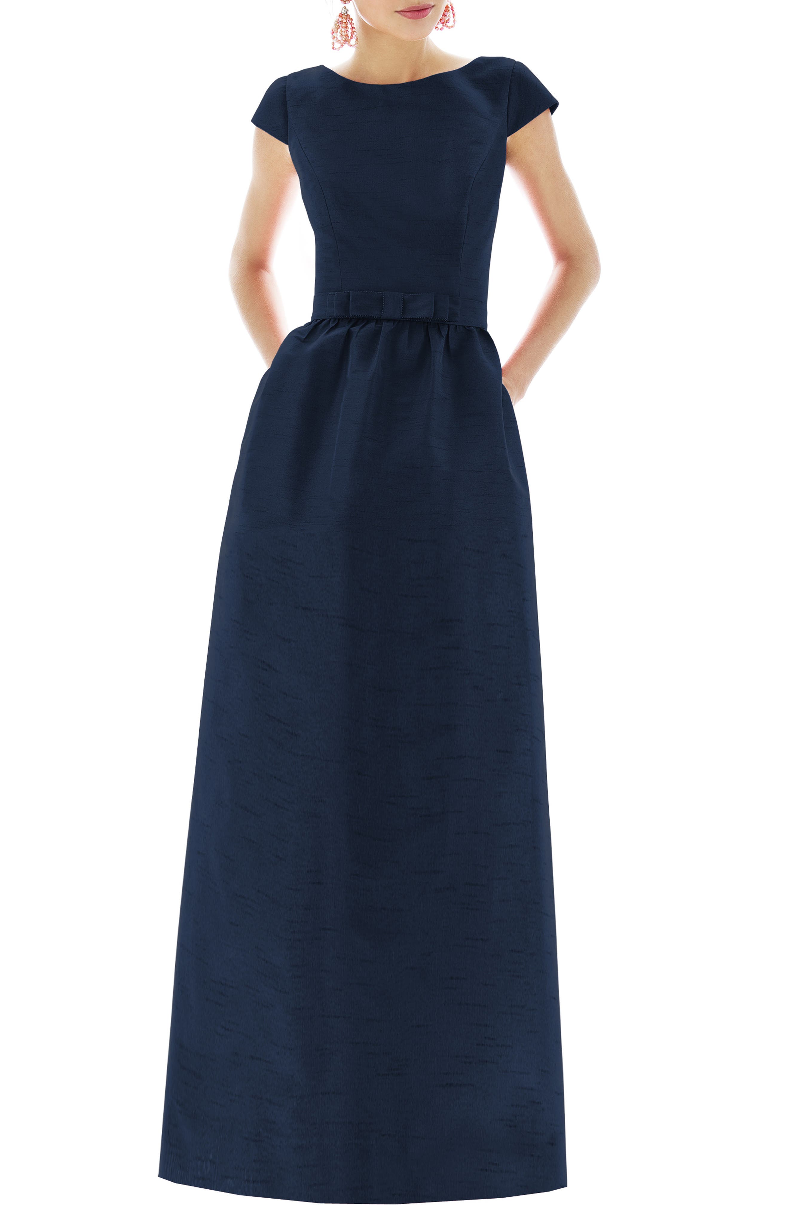 Alfred Sung Cap Sleeve Dupioni Full Length Dress, Blue