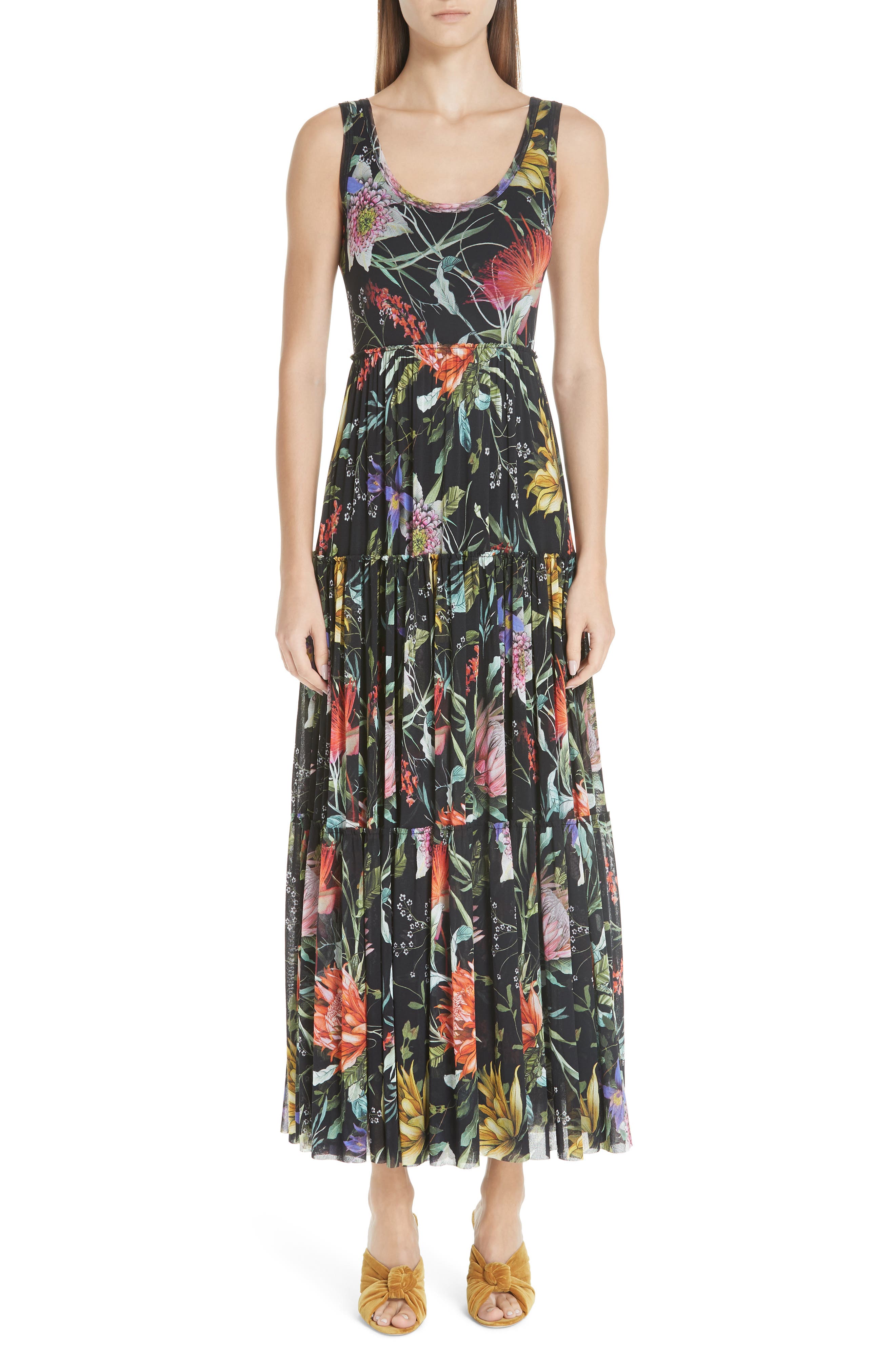 Fuzzi Floral Tulle Tiered Maxi Dress, Black