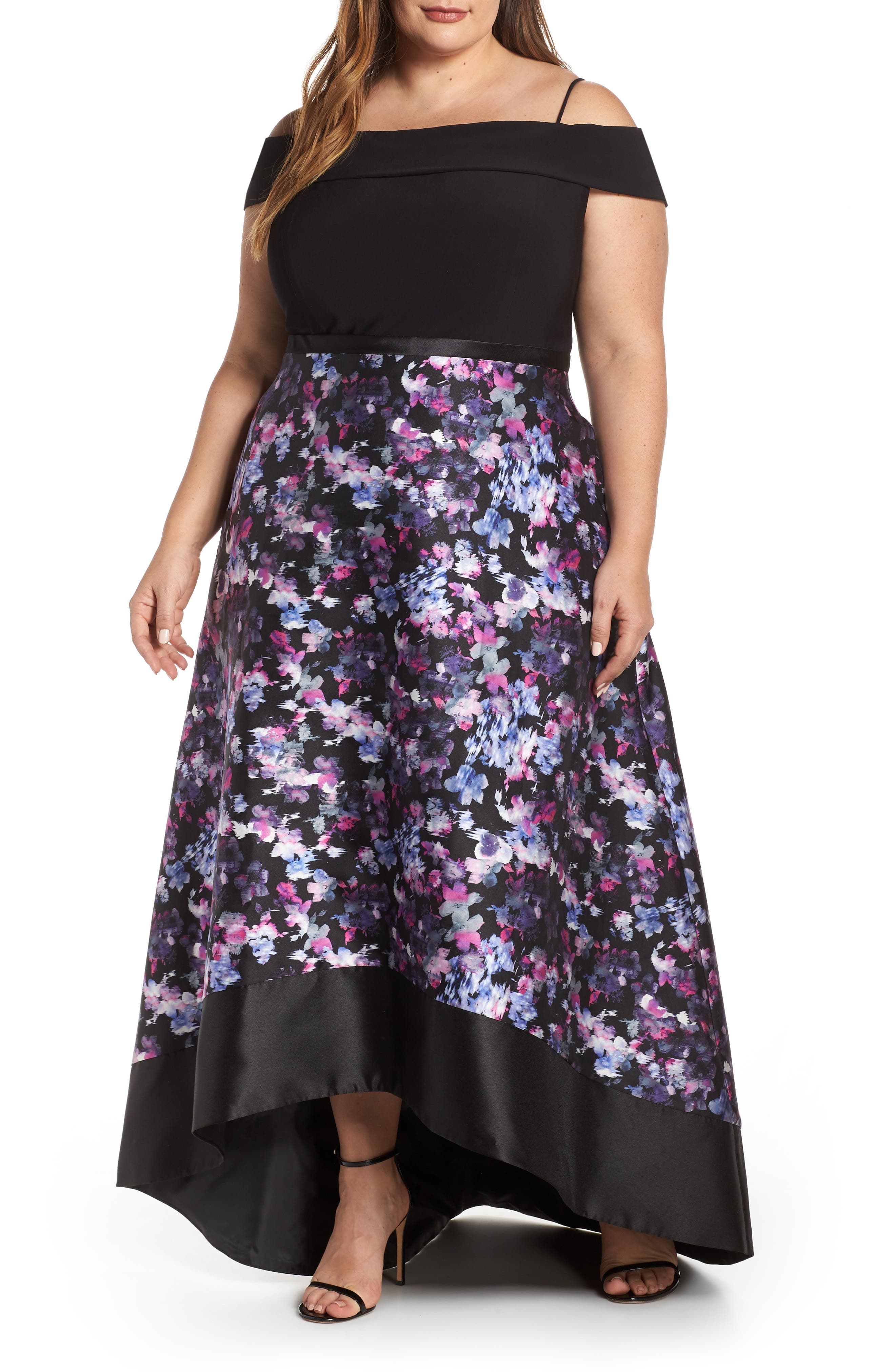 Plus Size Morgan And Co. Cold Shoulder Mikado High/low Hem Evening Dress, Black