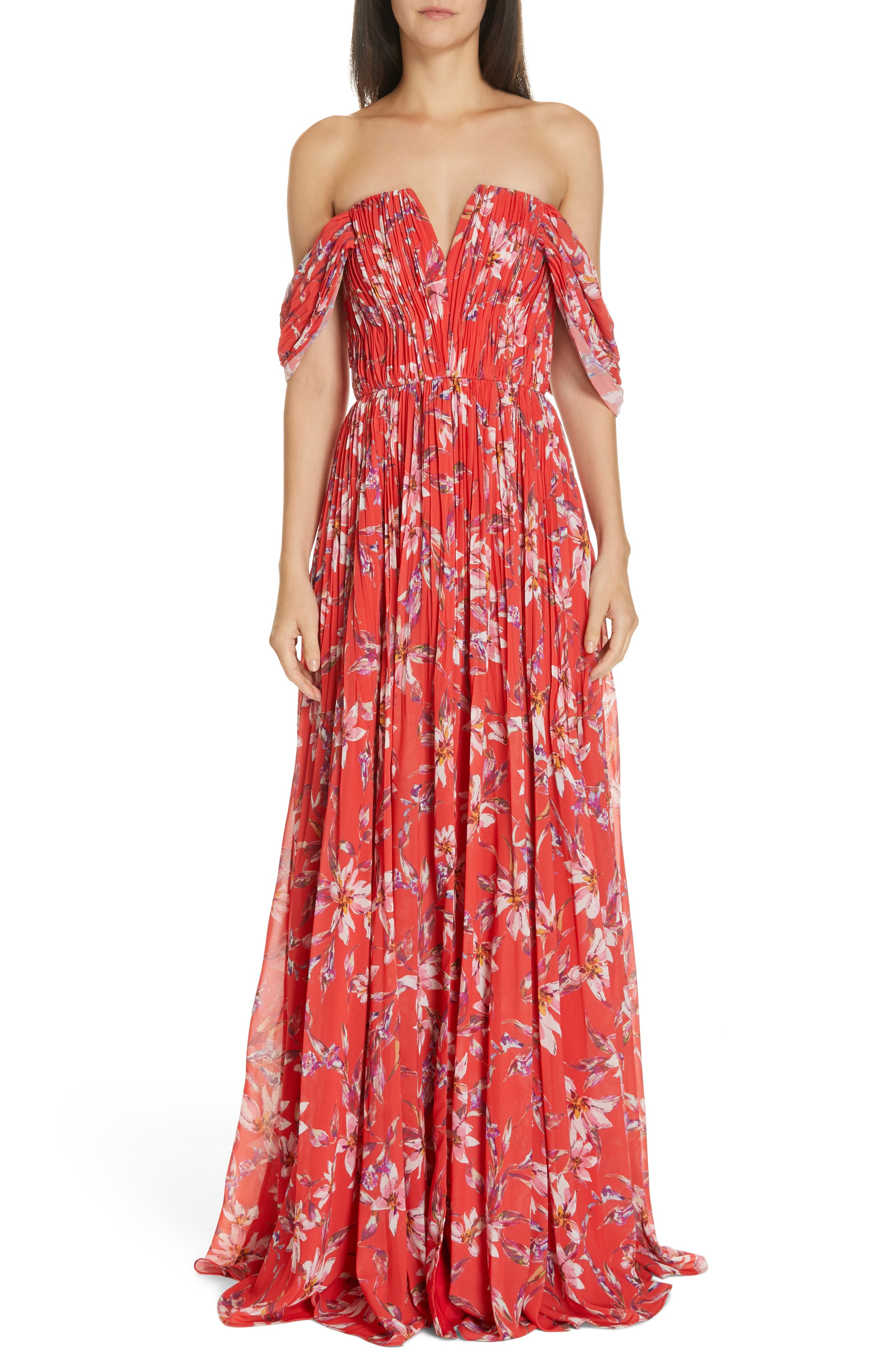 Amur Kyla Off The Shoulder Chiffon Maxi Dress, Red