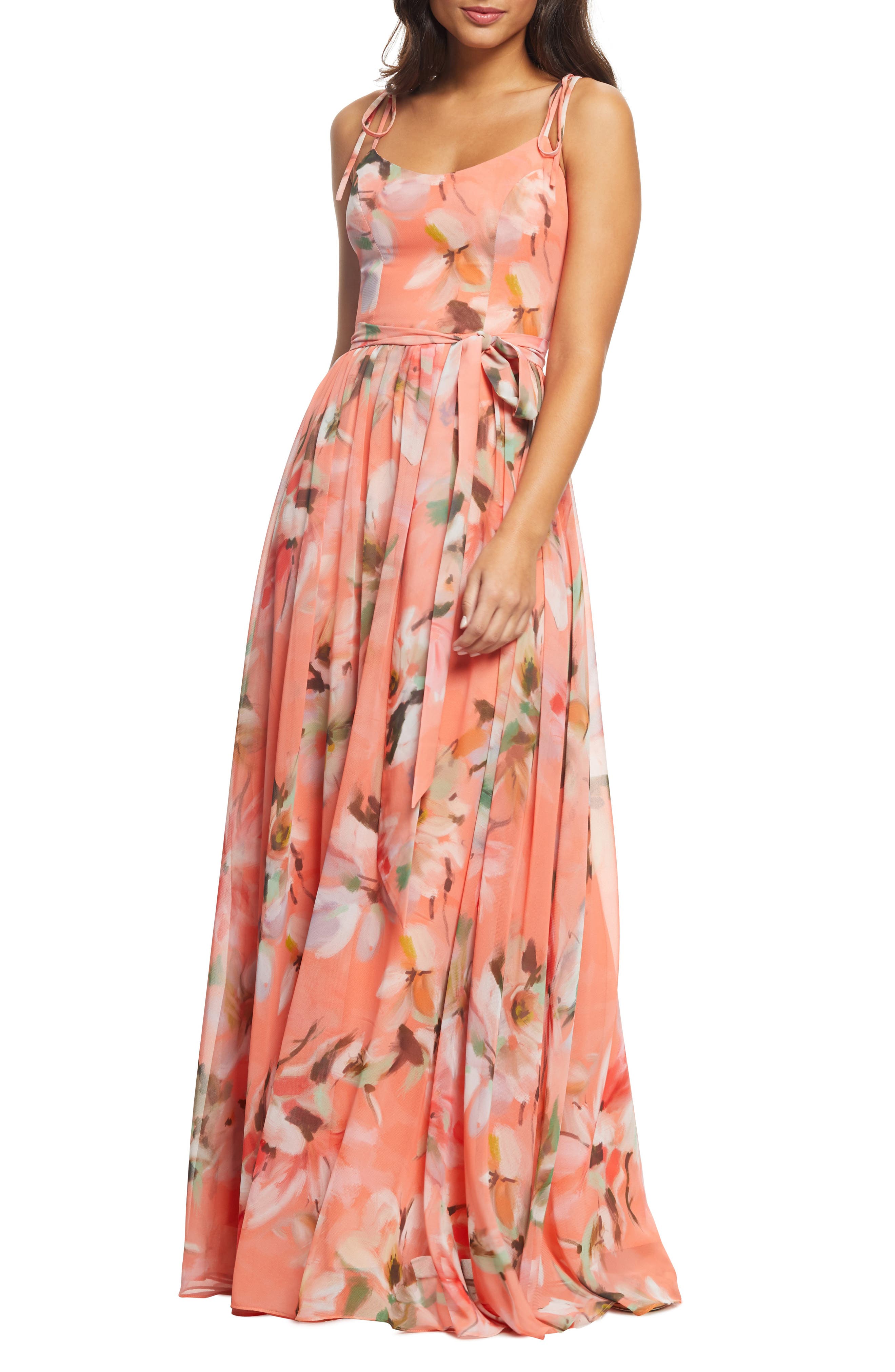Dress The Population Hollie Floral Maxi Dress, Coral