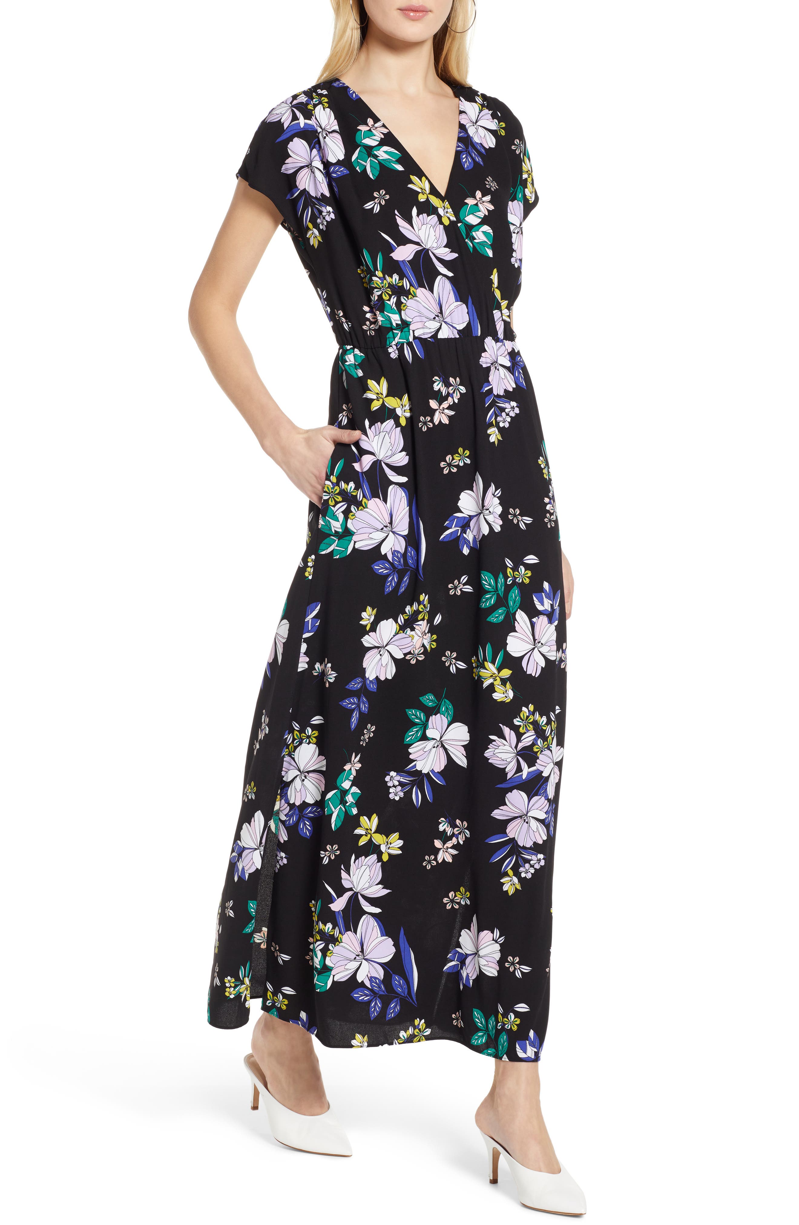 Petite Halogen V-Neck Maxi Dress, Black