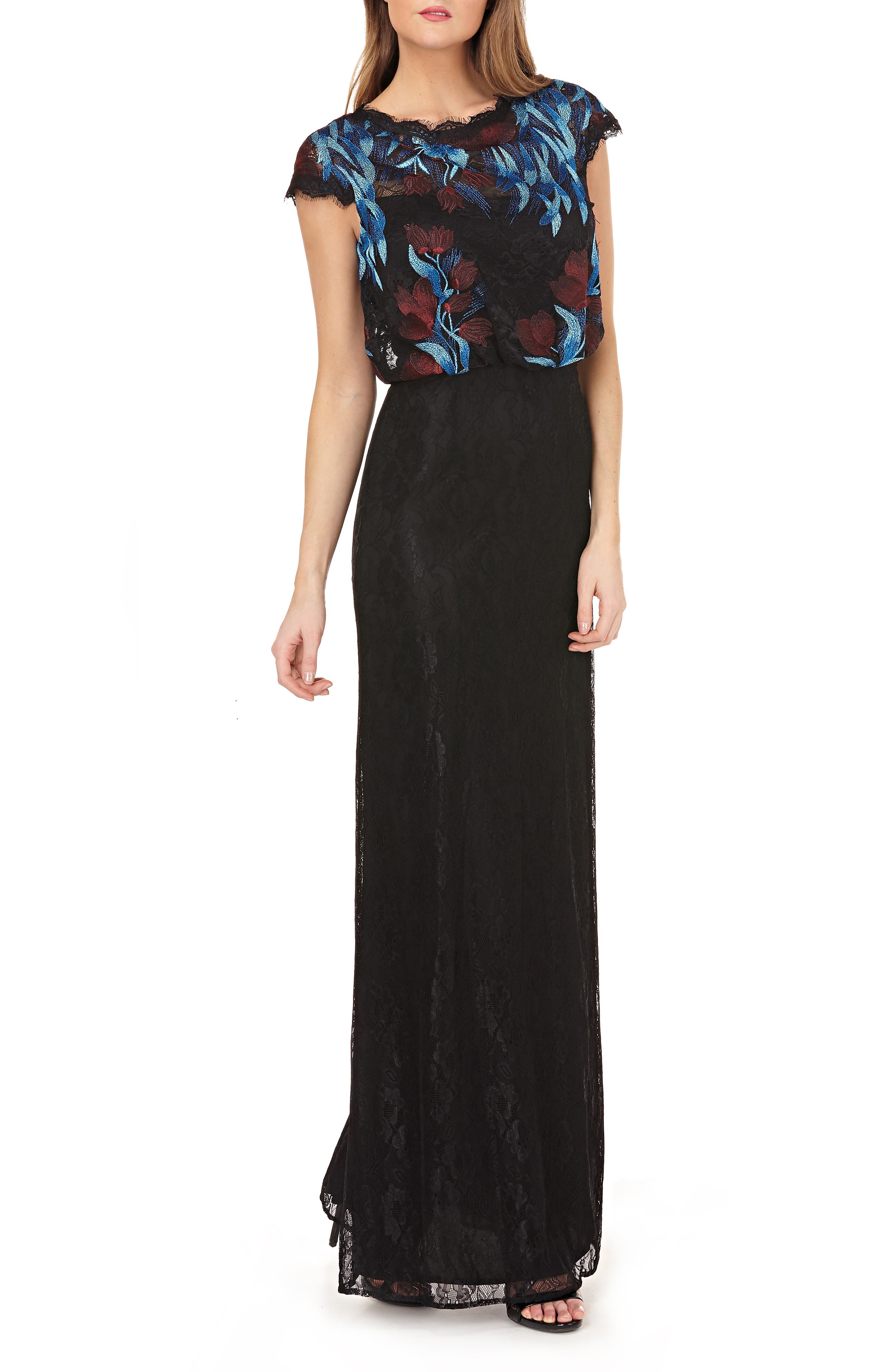 Js Collections Embroidered Blouson Bodice Lace Gown, Blue