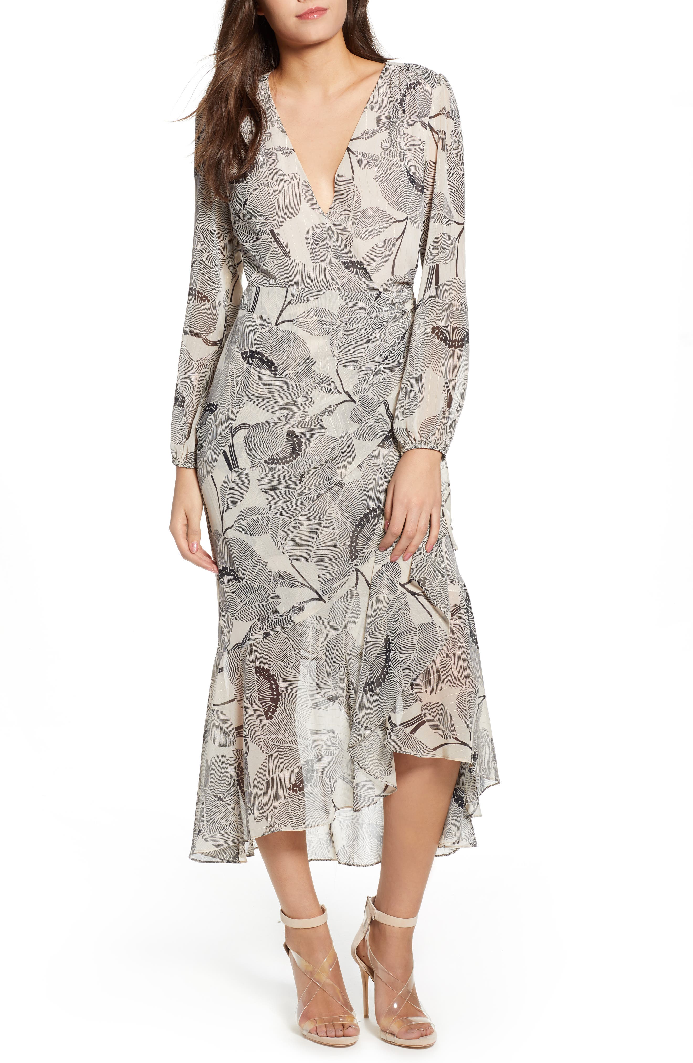 Astr The Label Floral Print Faux Wrap Dress, Ivory