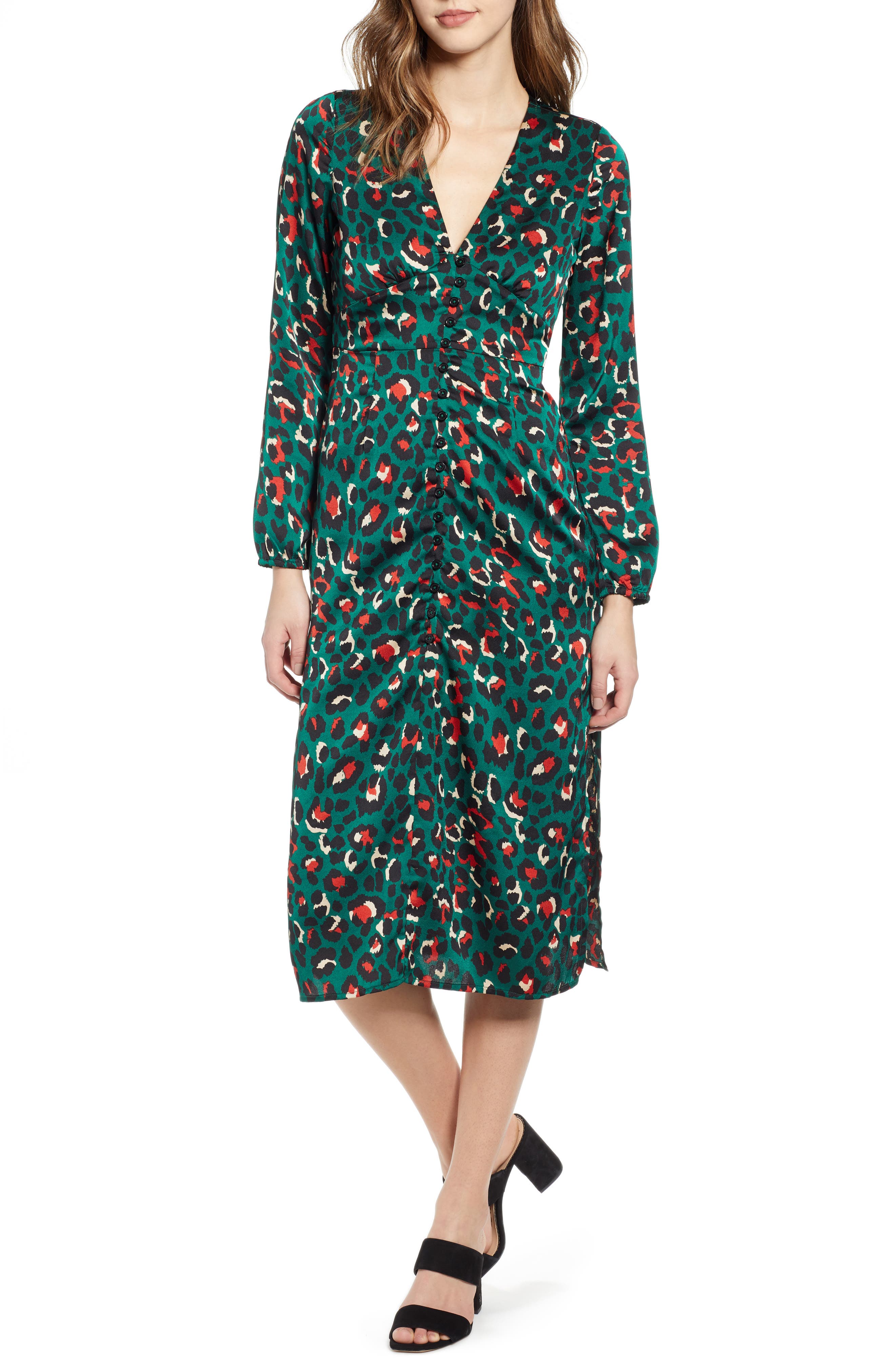 Leith Button Front Midi Dress, Blue/green