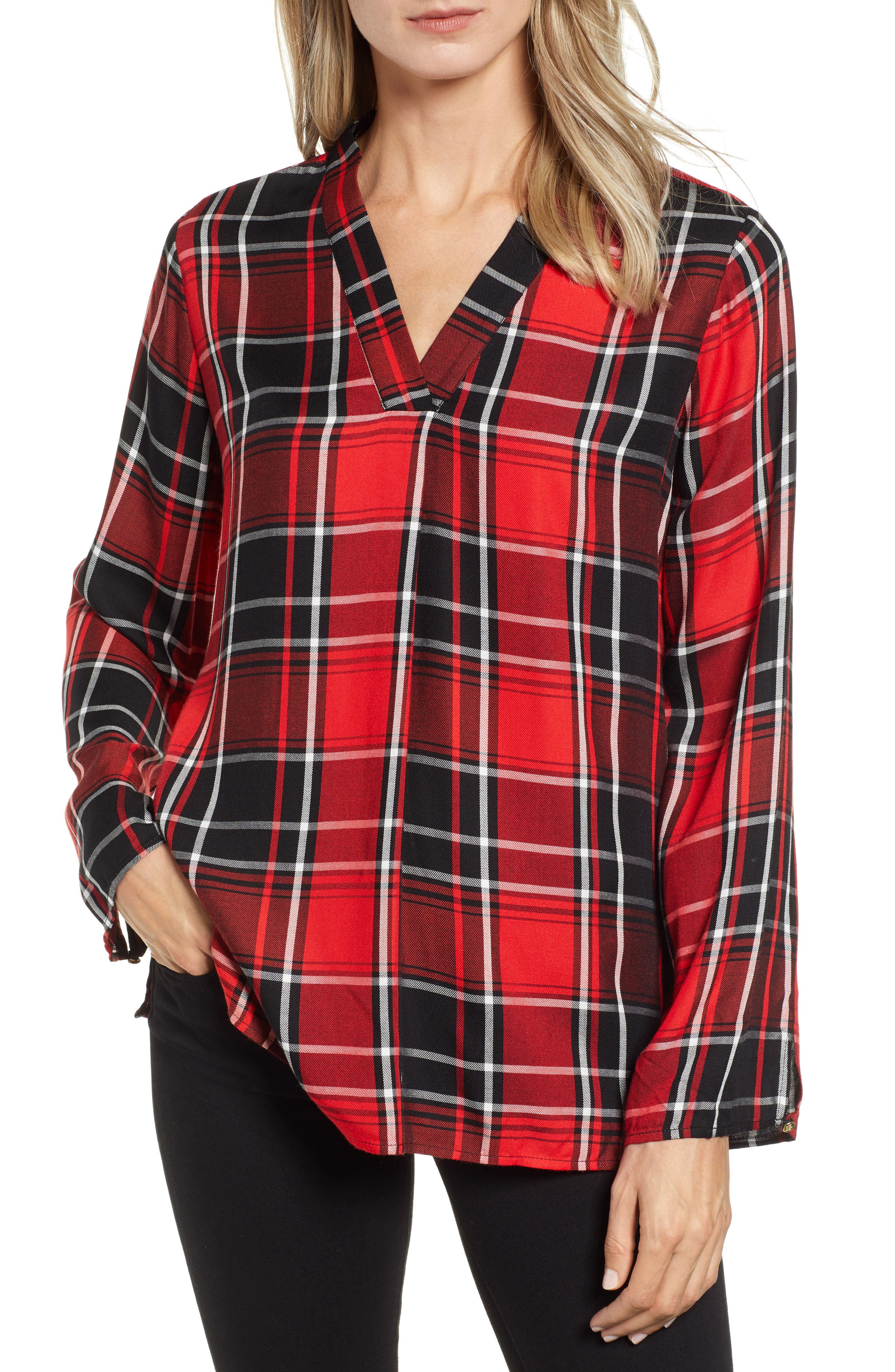 Plaid Split Neck Blouse, Main, color, IMPERIAL RED