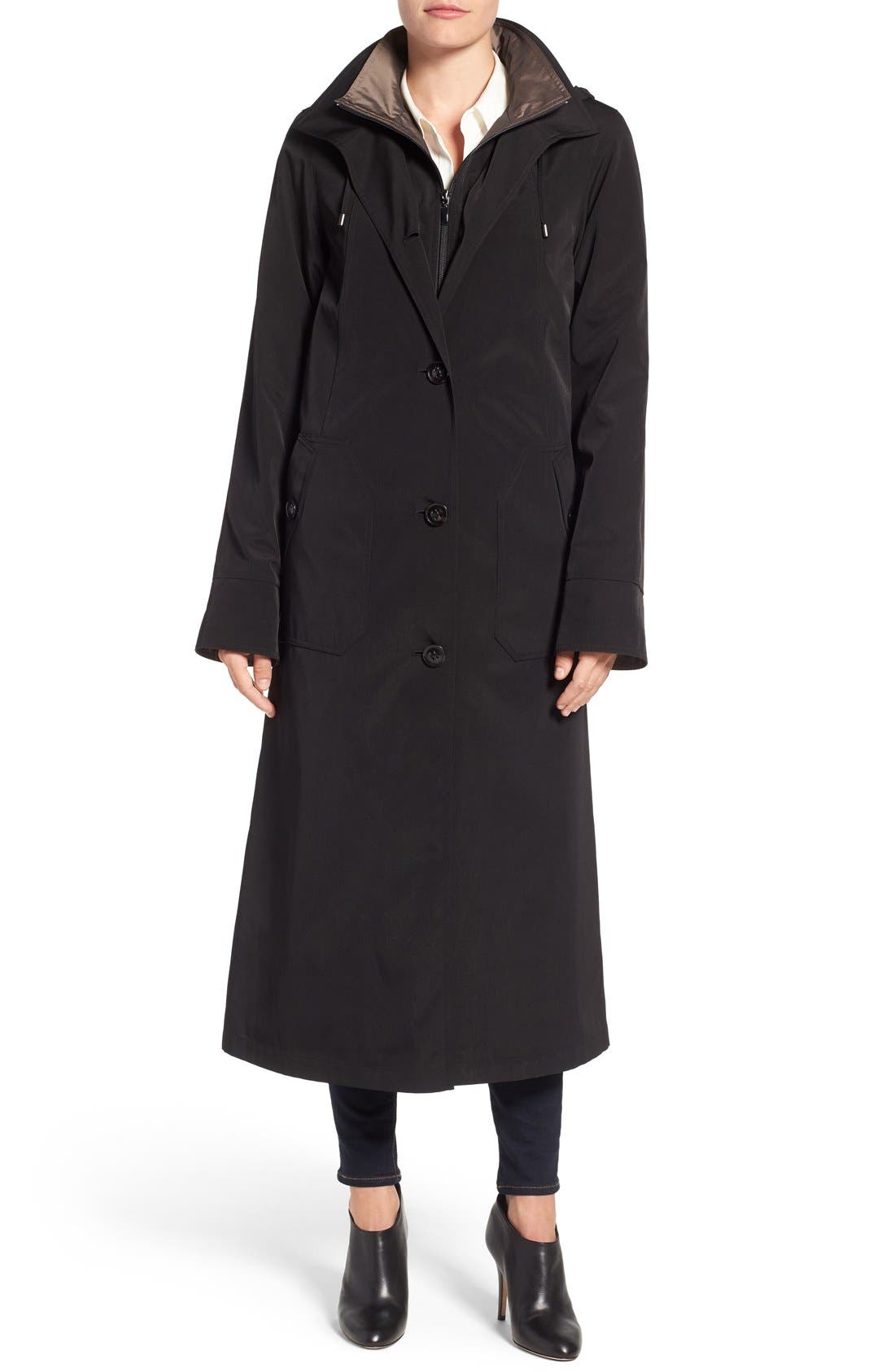Gallery Full Length Two-Tone Silk Look Raincoat, Black