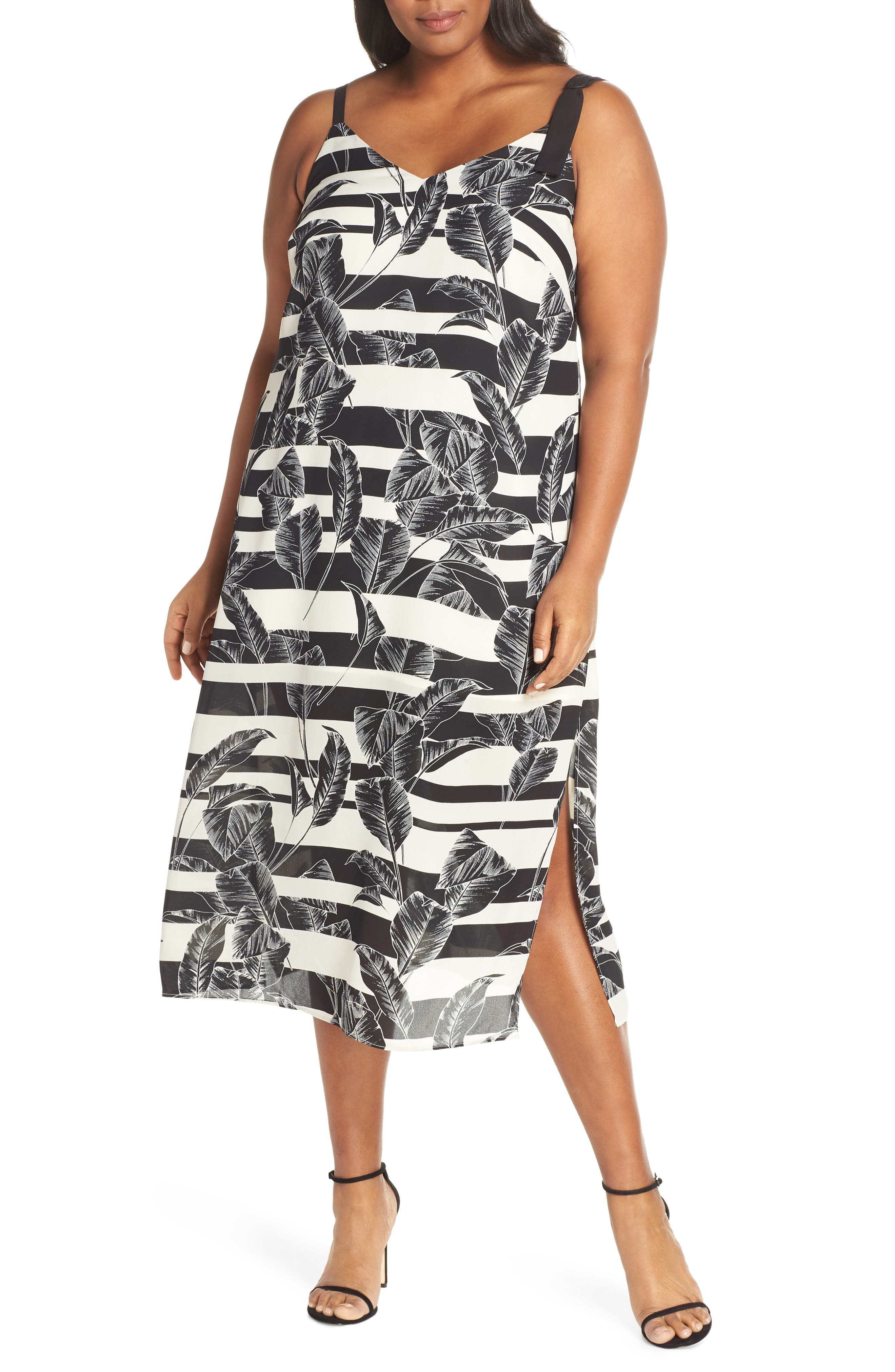 Plus Size Vince Camuto Tropical Shadows Midi Slipdress, Black