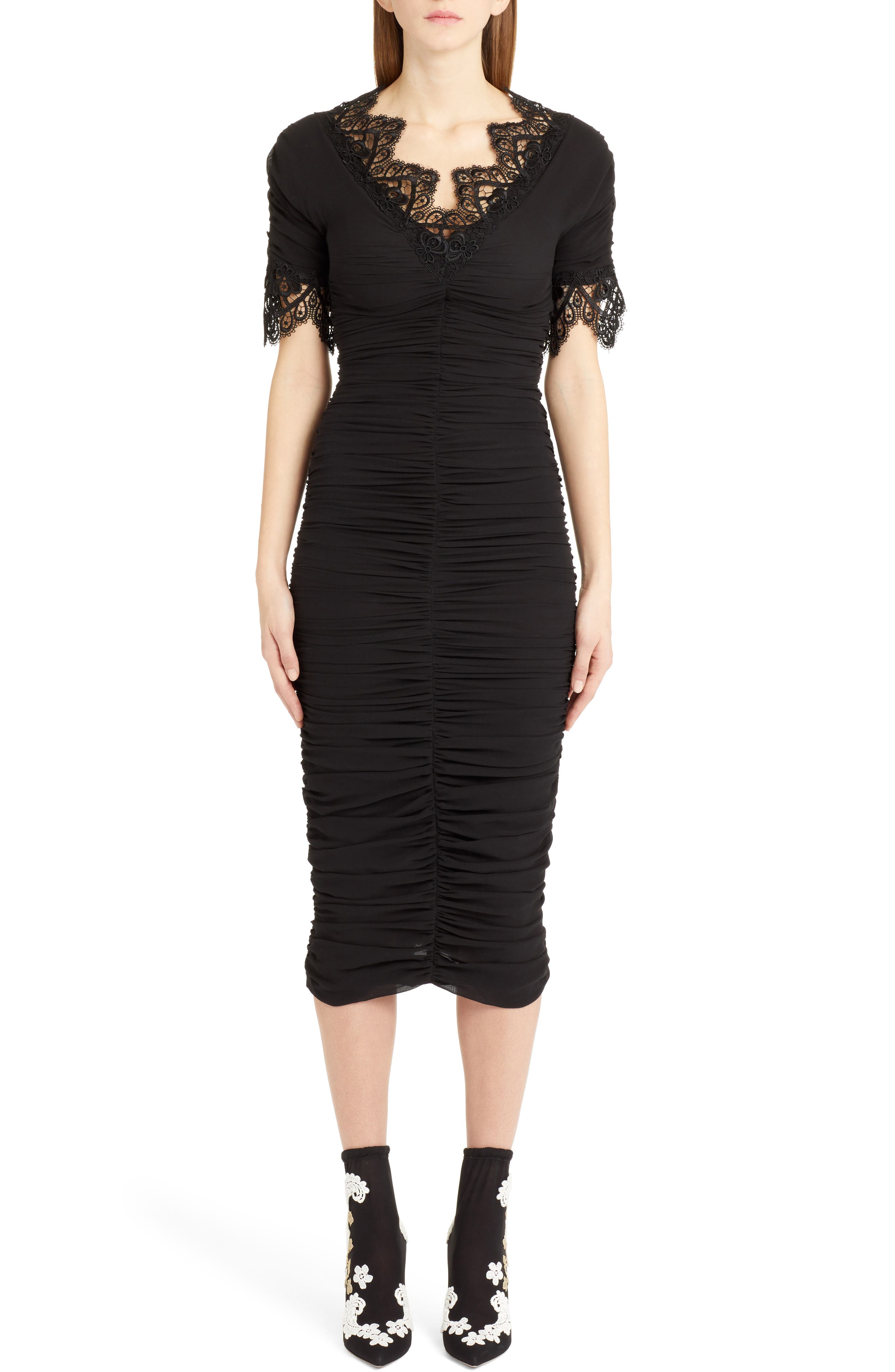 Dolce & gabbana Lace Trim Ruched Silk Blend Dress, 50 IT - Black