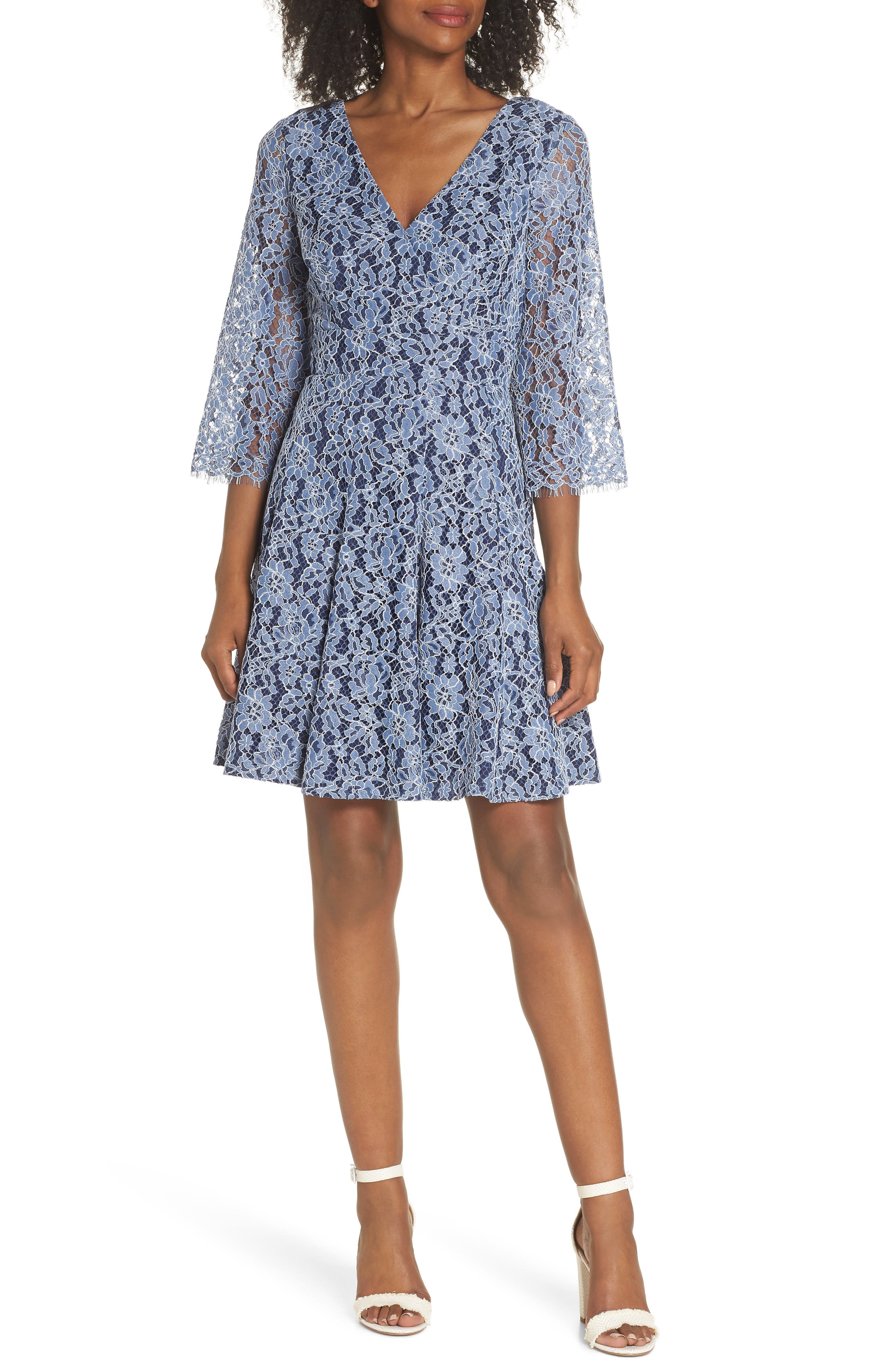 Eliza J Lace Fit & Flare Dress, Blue