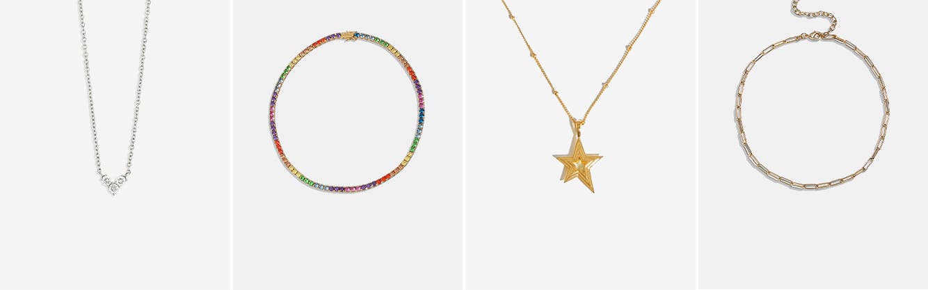 Delicate diamond necklace, rainbow-jeweled statement necklace, star pendant necklace and link choker for women.
