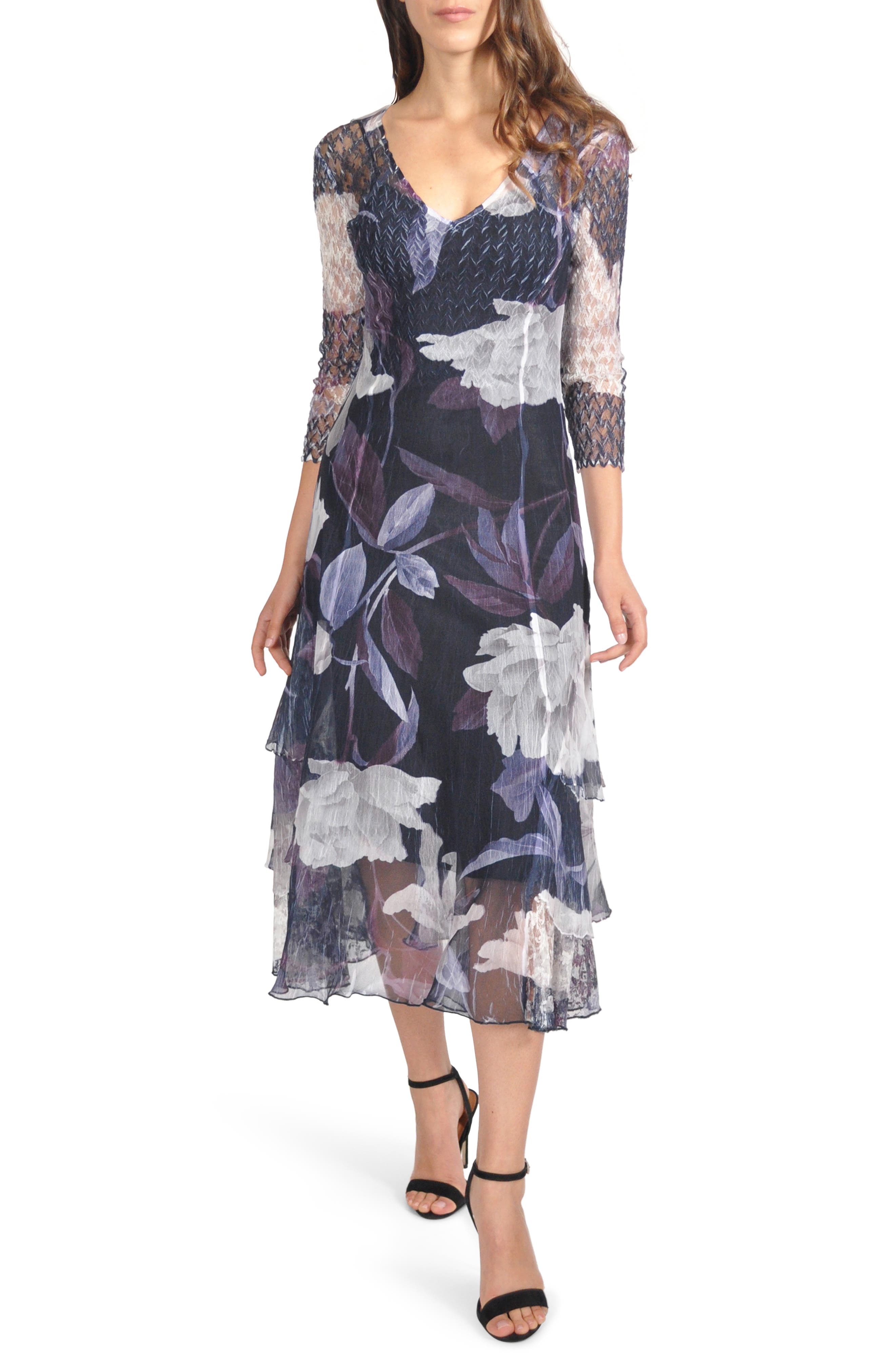 Petite Komarov Floral Tiered Hem Dress, Blue