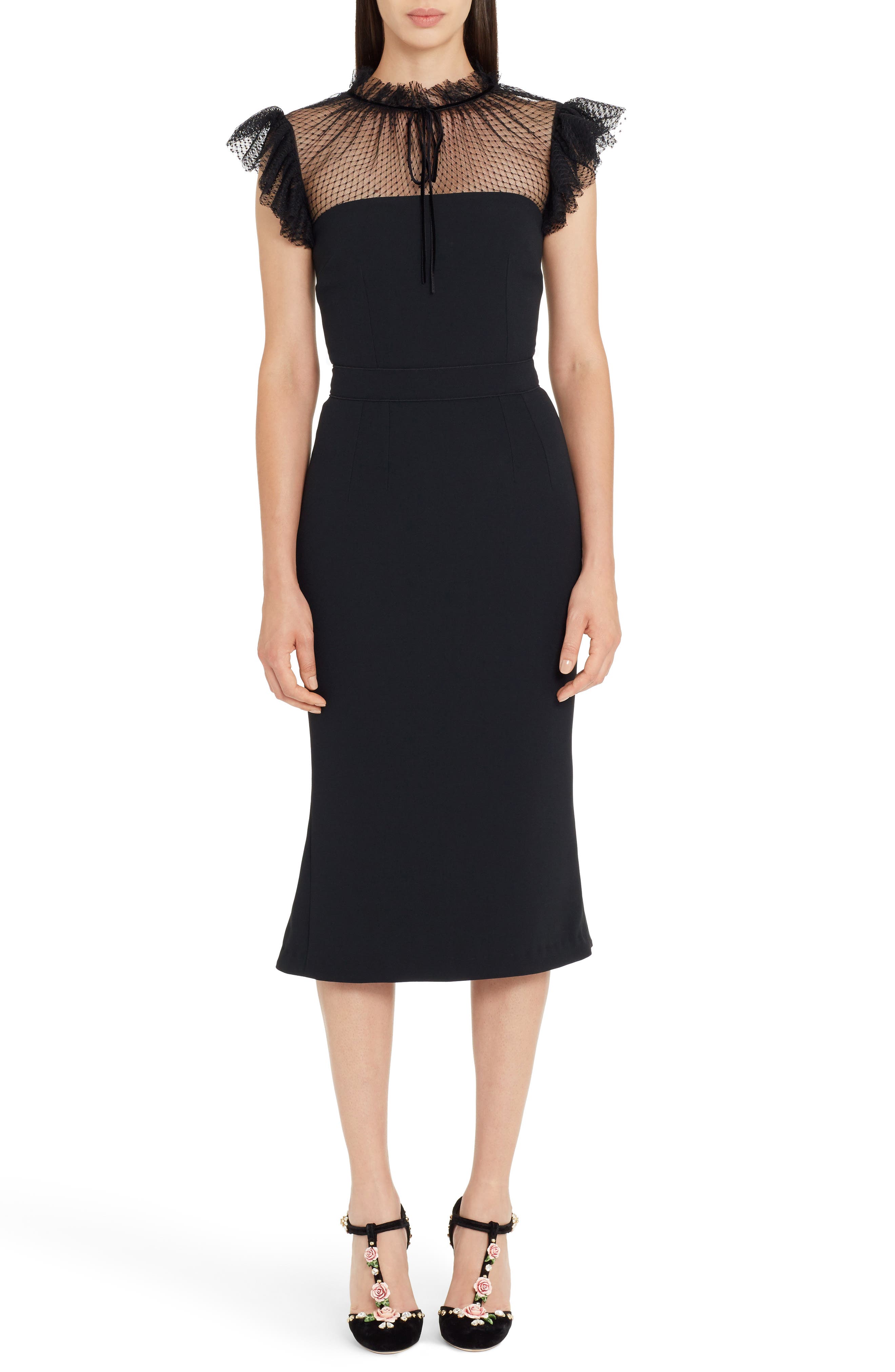 Dolce & gabbana Mesh Yoke Stretch Cady Sheath Dress