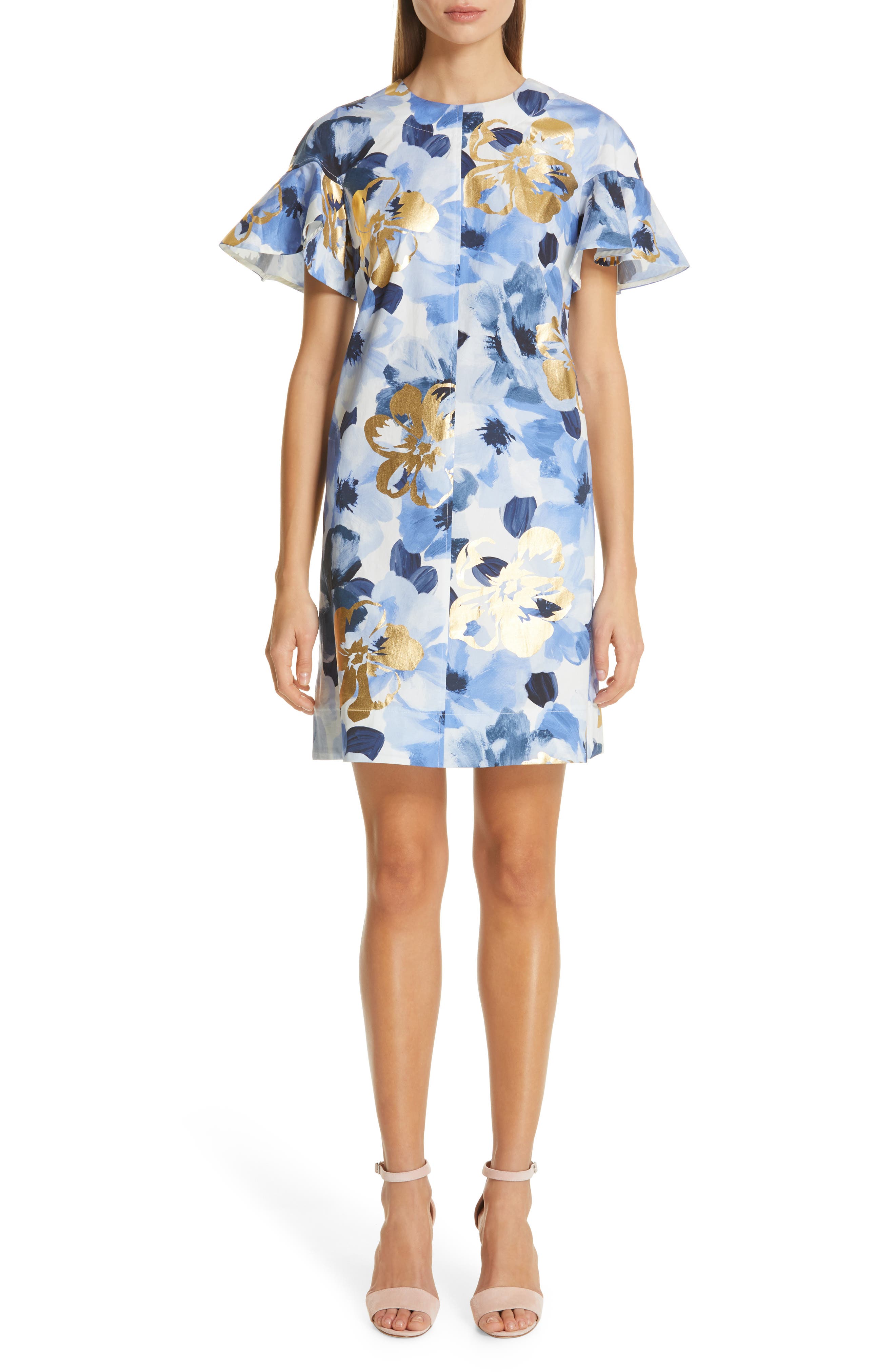 Lela Rose Flutter Sleeve Floral Stamped Cotton Dress, Blue