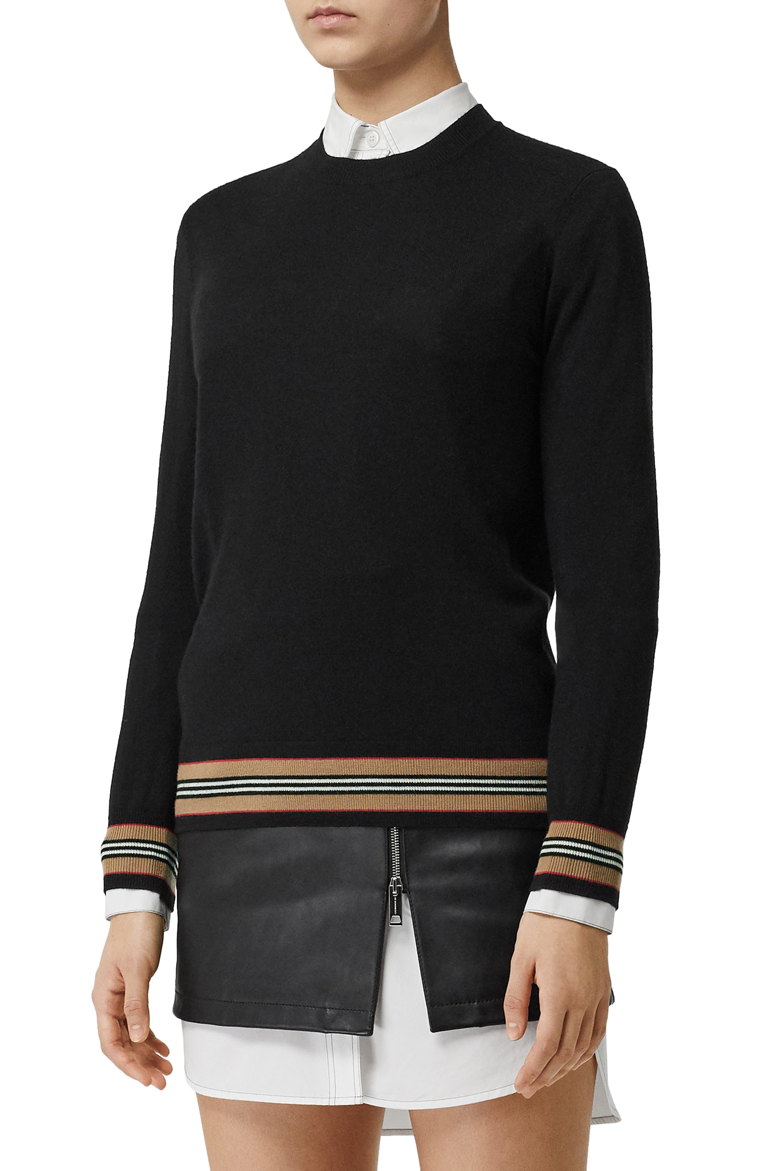 Burberry Stripe Trim Merino Wool Sweater, Black