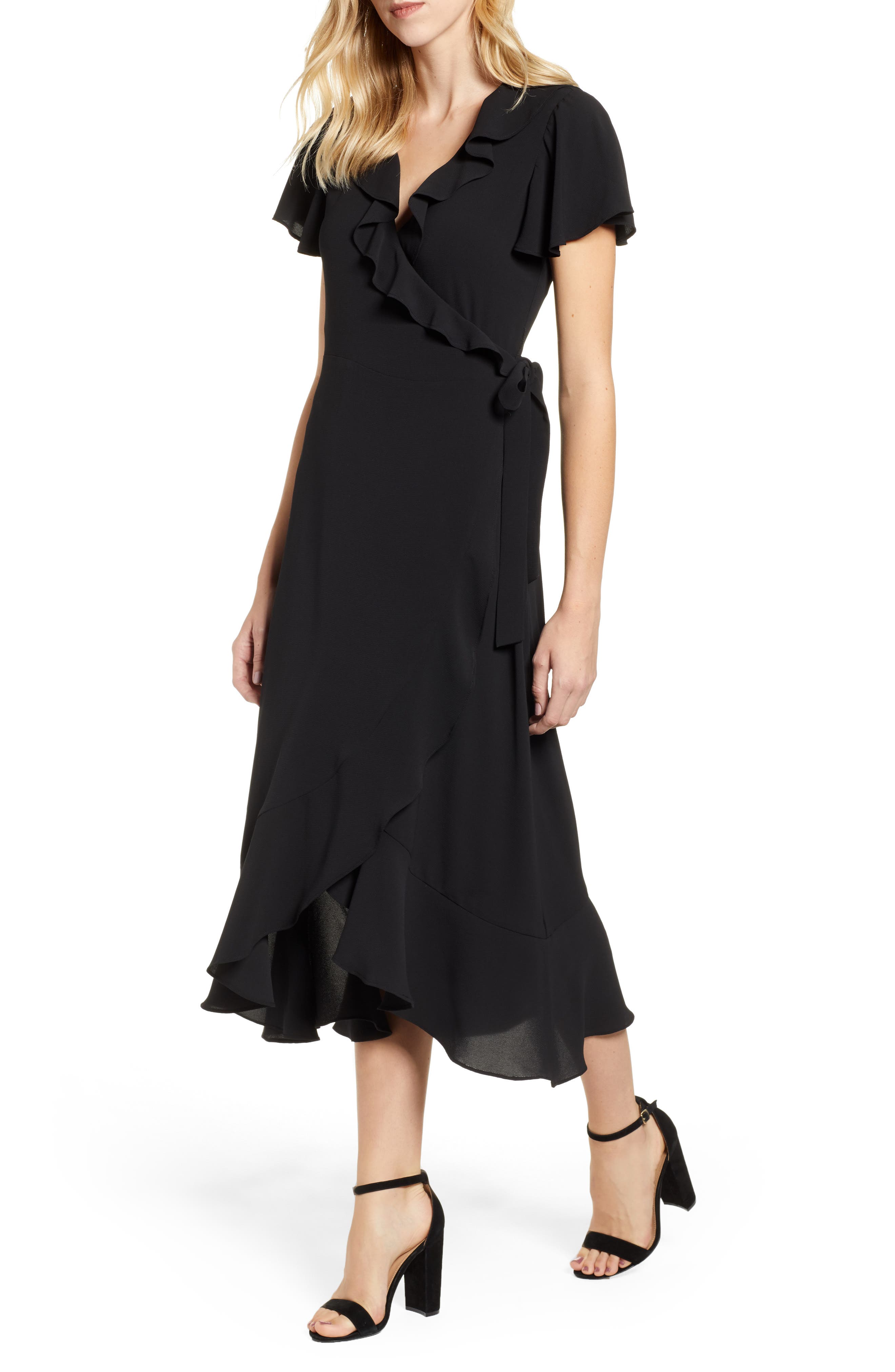 Chelsea28 Ruffle Wrap Dress, Black