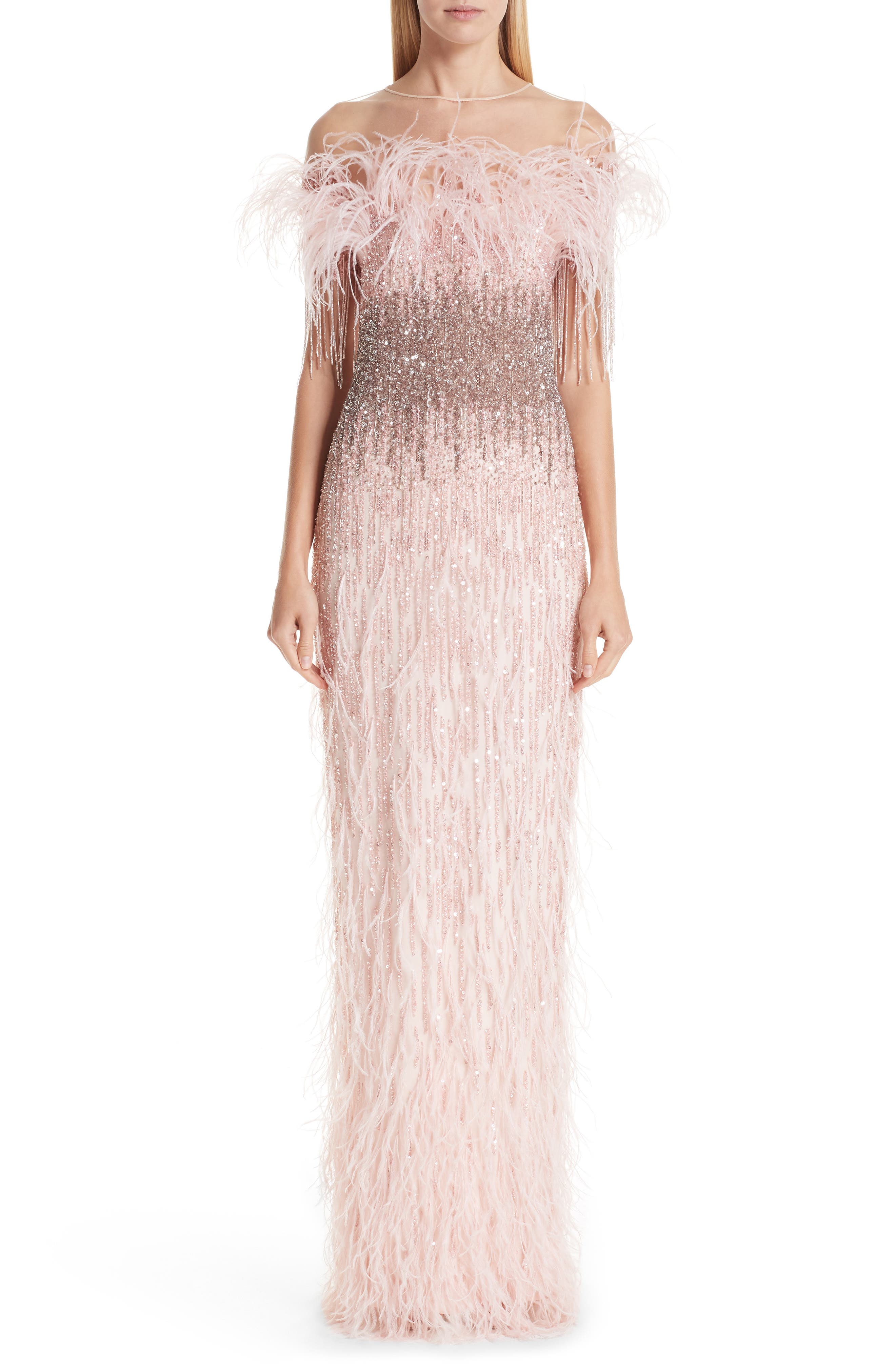 Pamella Roland Feather Trim Embellished Column Gown, Pink