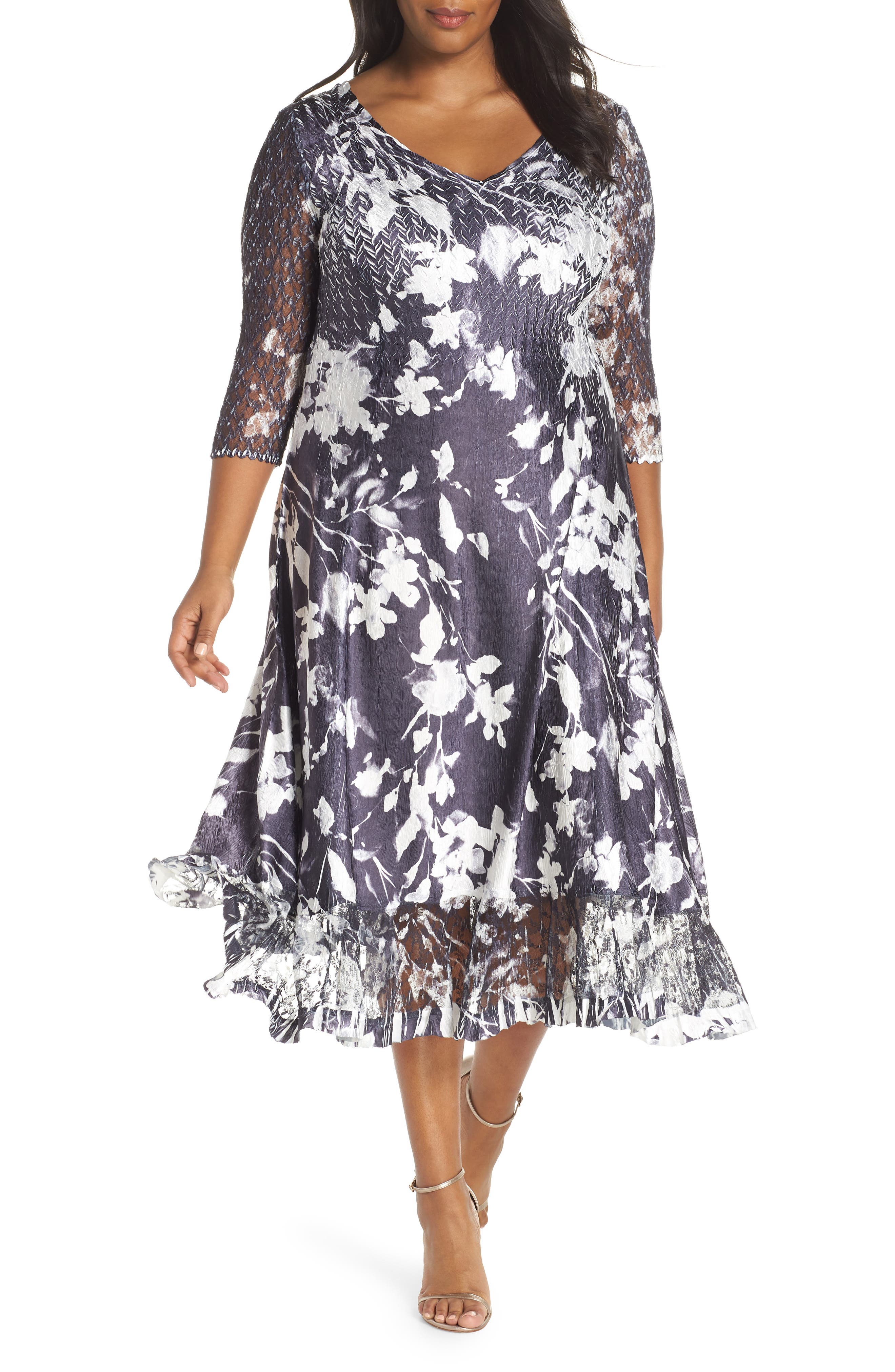 Plus Size Komarov Sheer Sleeve Floral Print Charmeuse A-Line Dress, Black