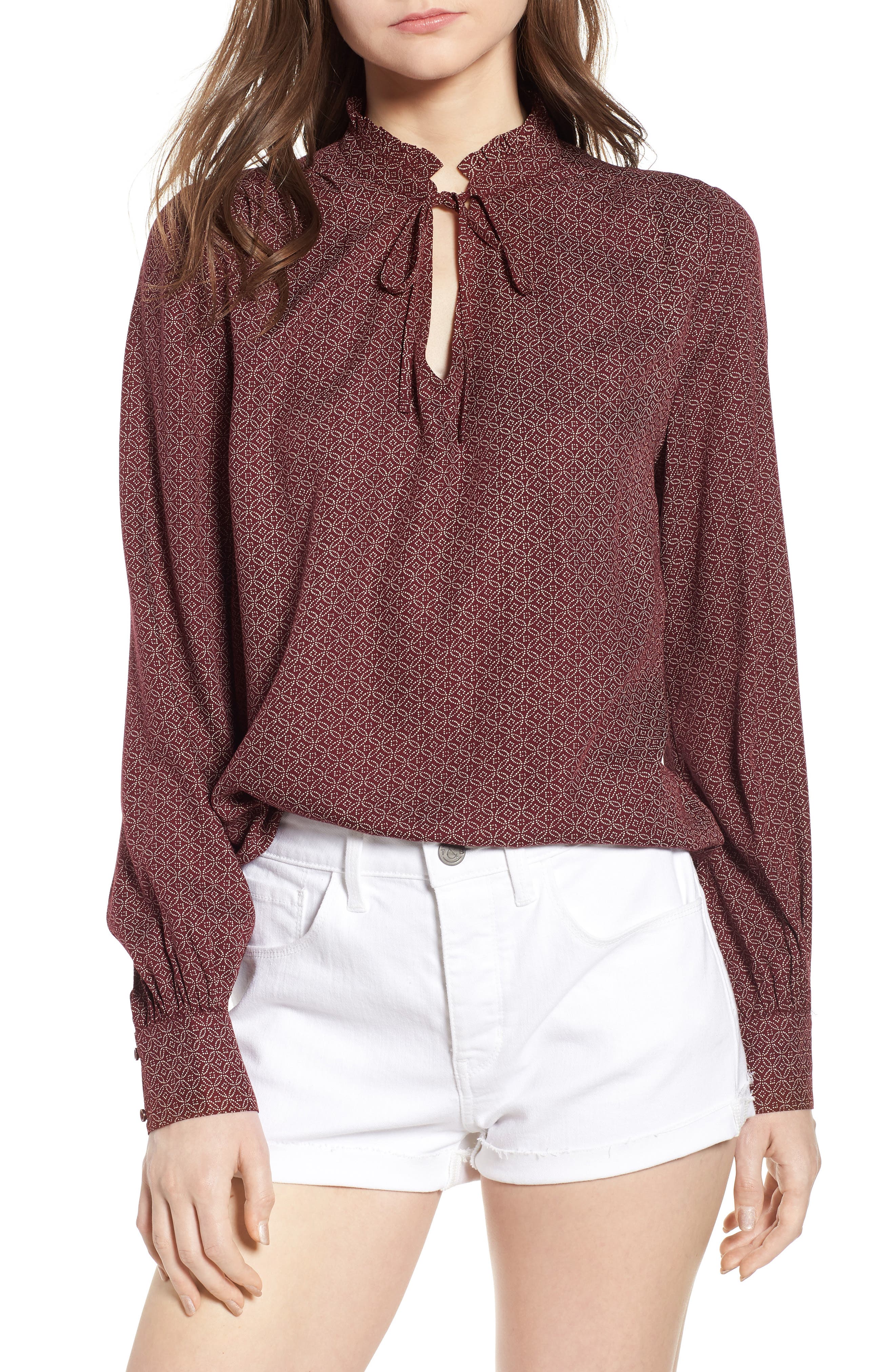 Ruffle V-Neck Blouse,
                        Main,
                        color, RED TANNIN INTERLOCK