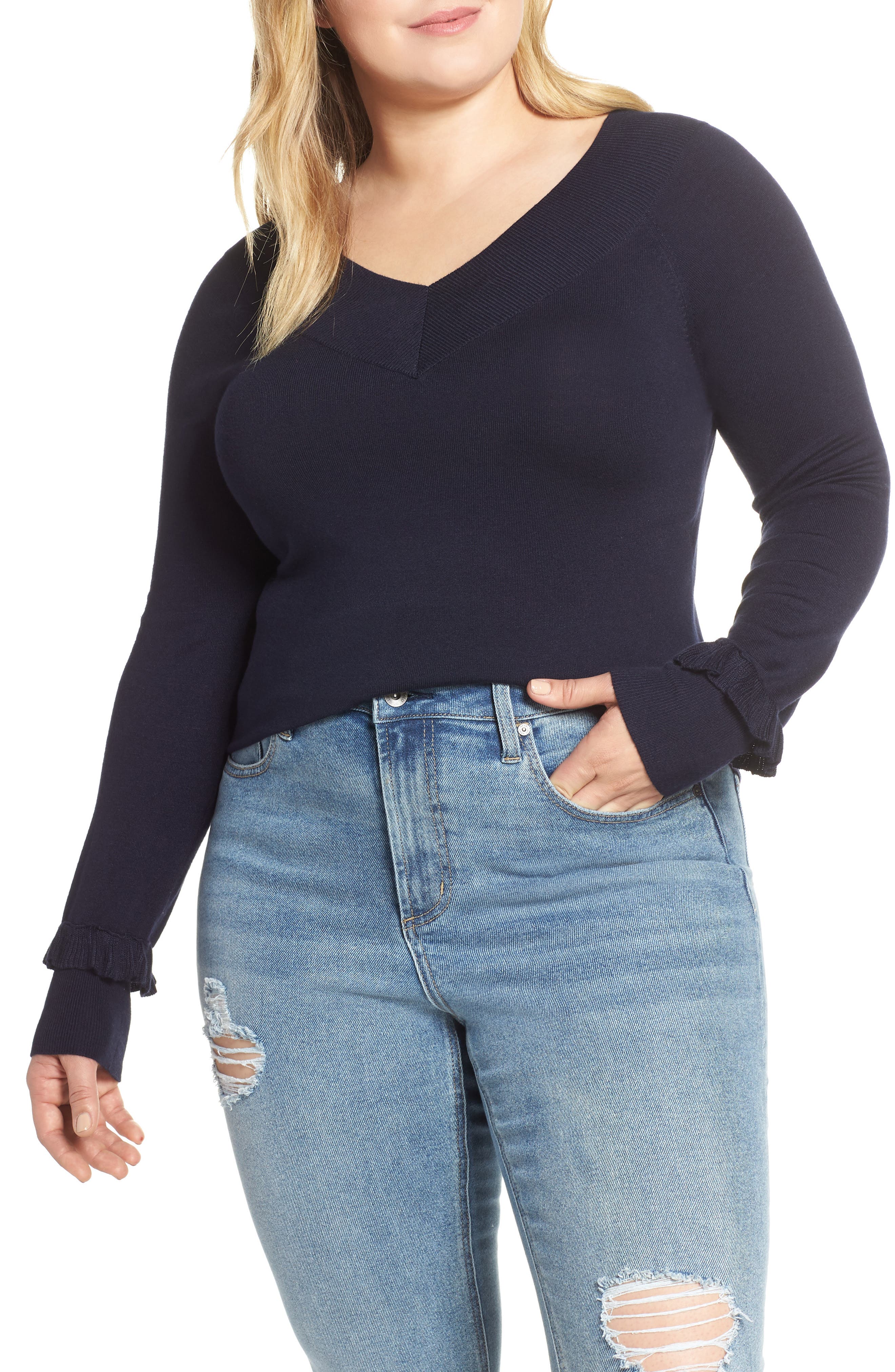 Plus Size Lost Ink Ruffle Cuff Sweater, Blue