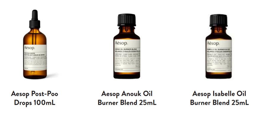 Aesop Post-Poo Drops 100mL, Aesop Anouk Oil Burner Blend 25mL, Aesop Isabelle Oil Burner Blend 25mL