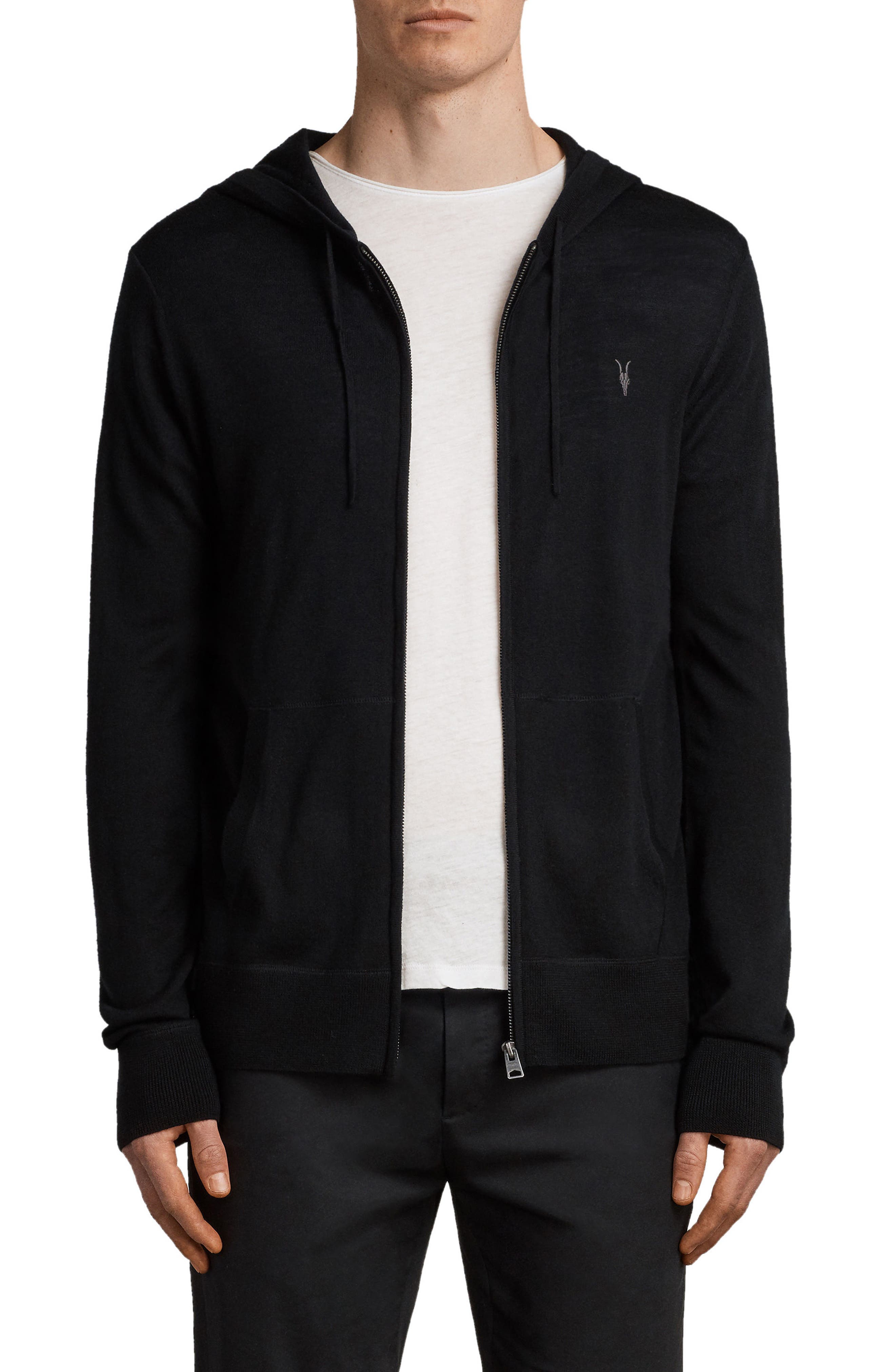 Allsaints Mode Slim Fit Merino Wool Zip Hoodie, Black